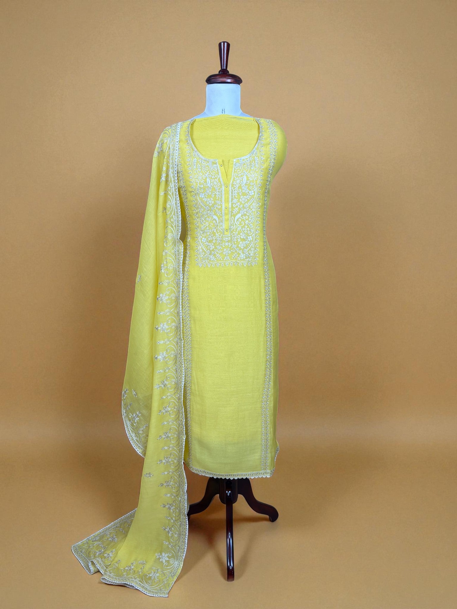 Yellow Mulmul Chanderi Sequence Dori Embroidery Suit