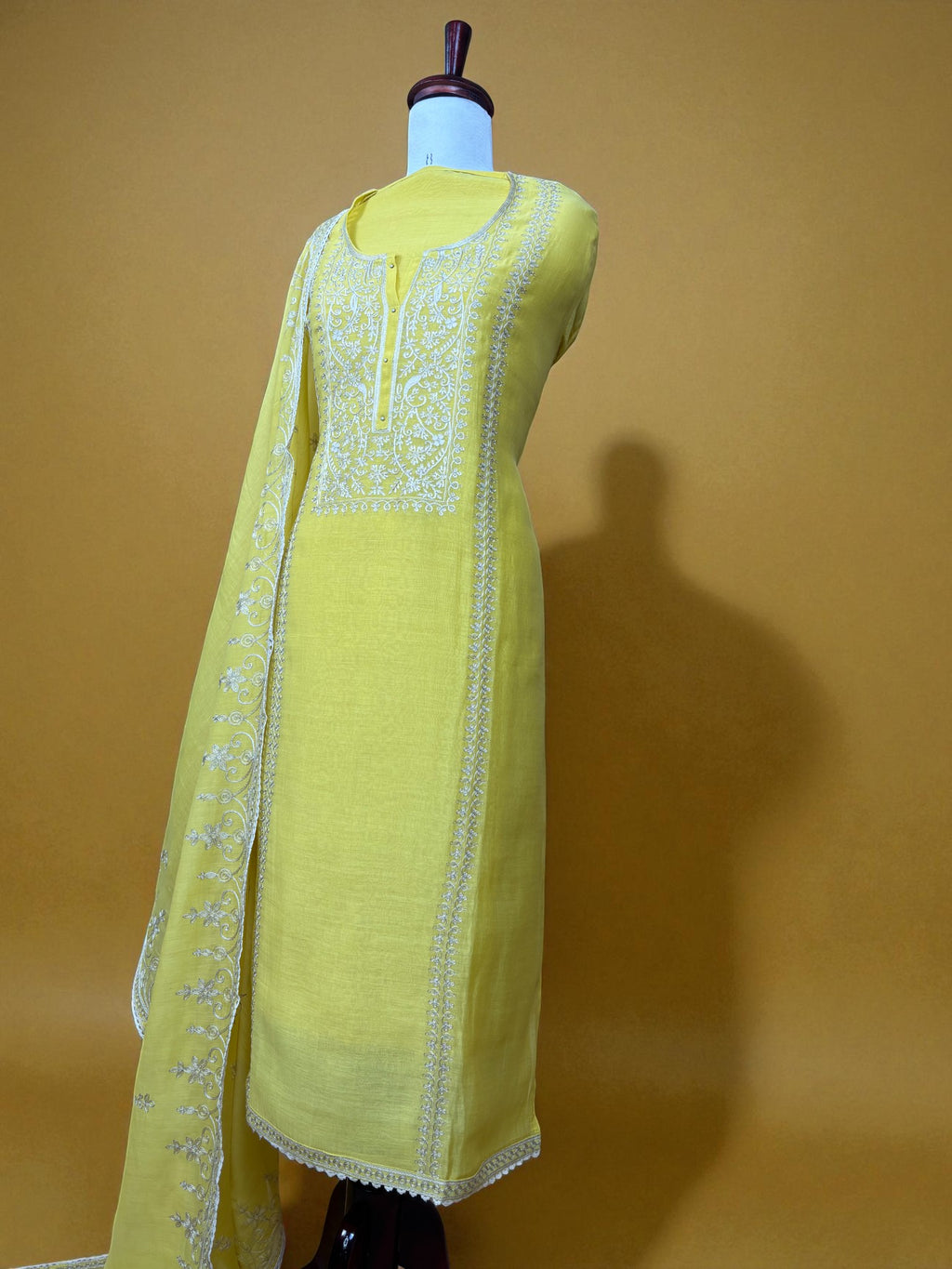 Yellow Mulmul Chanderi Sequence Dori Embroidery Suit