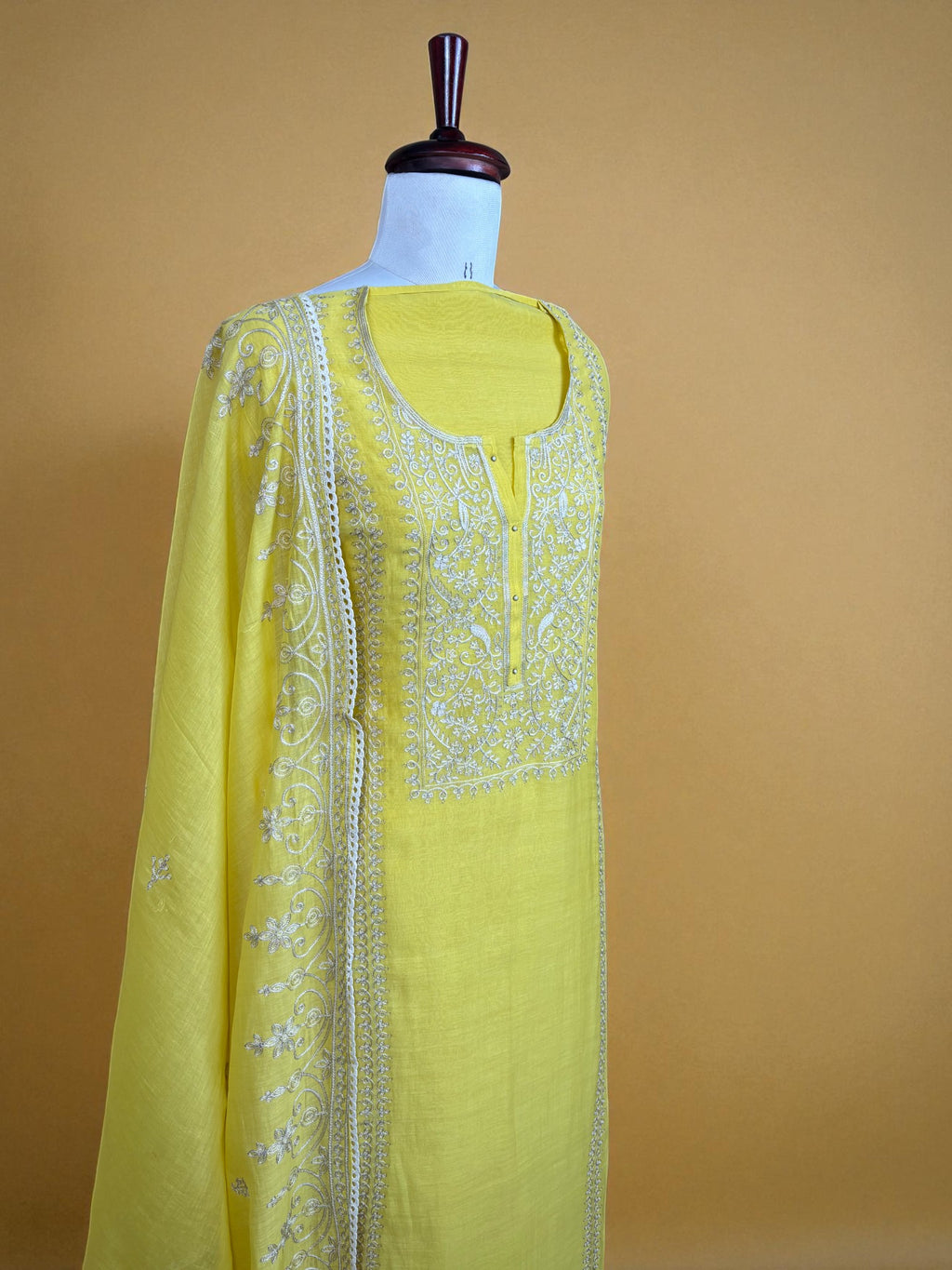 Yellow Mulmul Chanderi Sequence Dori Embroidery Suit