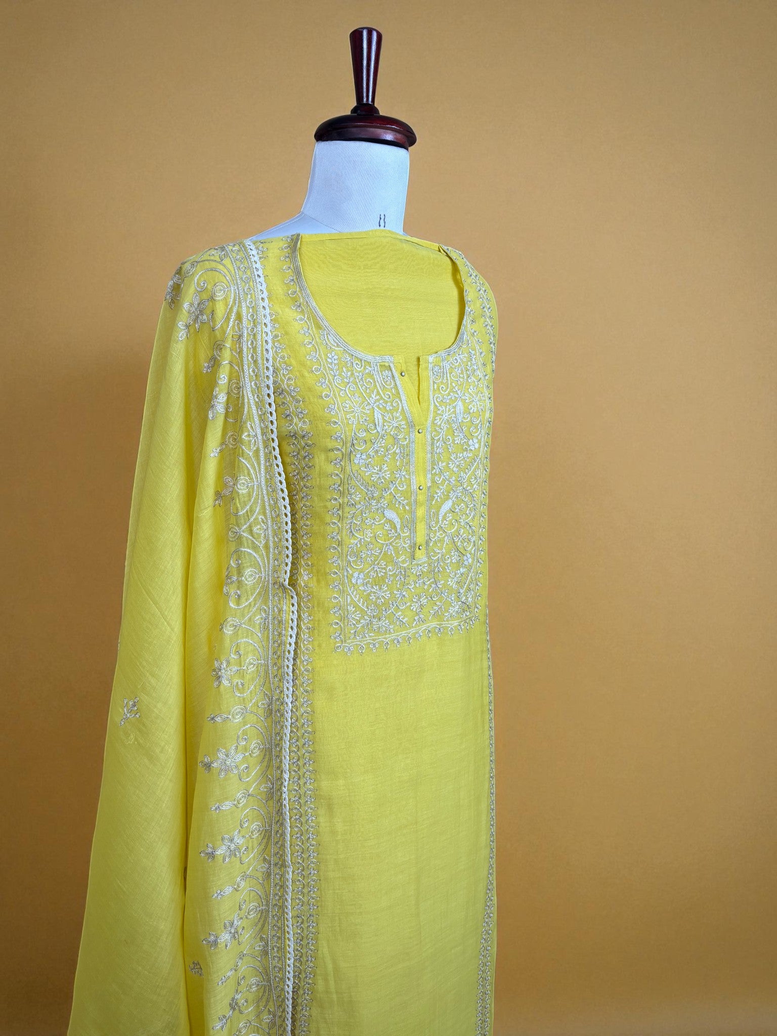 Yellow Mulmul Chanderi Sequence Dori Embroidery Suit