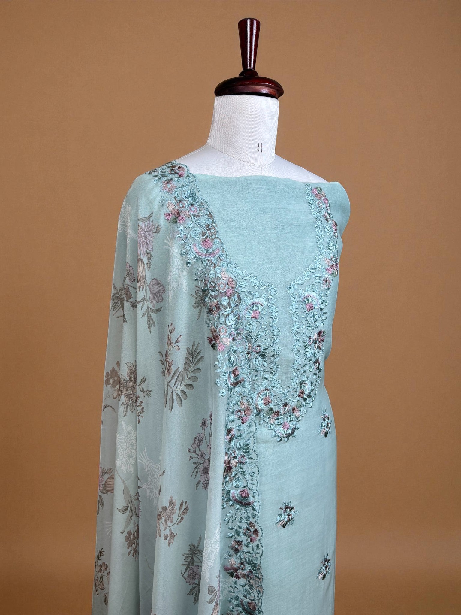 Sky Blue Mulmul Chanderi Embroidery Suit with Printed floral Organza Dupatta
