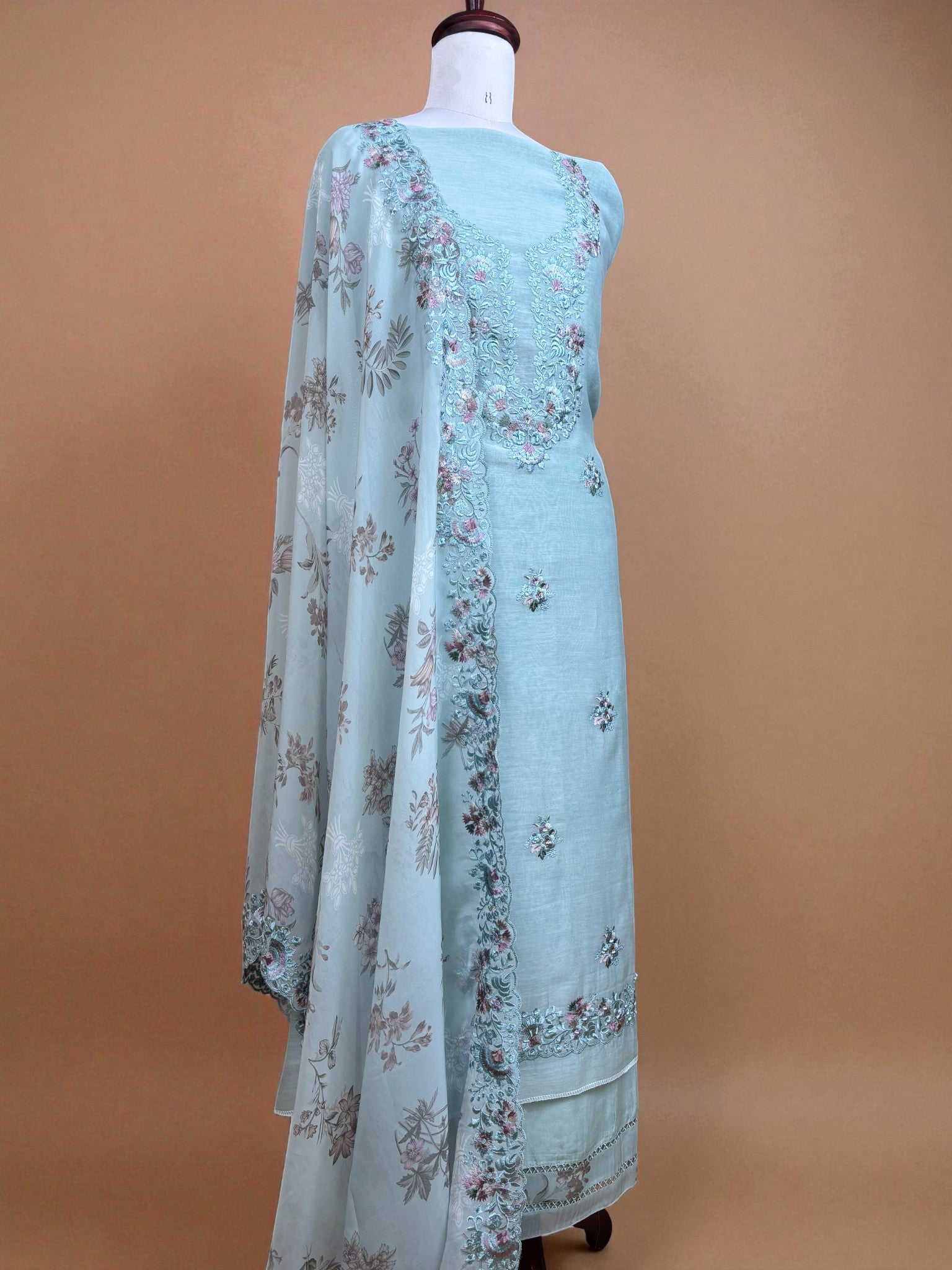 Sky Blue Mulmul Chanderi Embroidery Suit with Printed floral Organza Dupatta