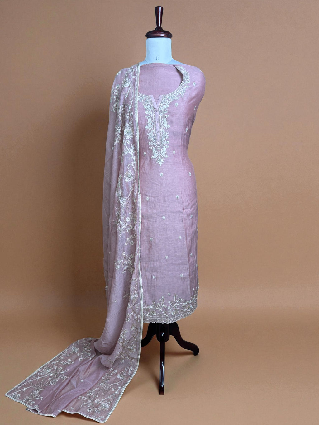 Pastel Pink Mulmul Chanderi Thread Embroidery Suit
