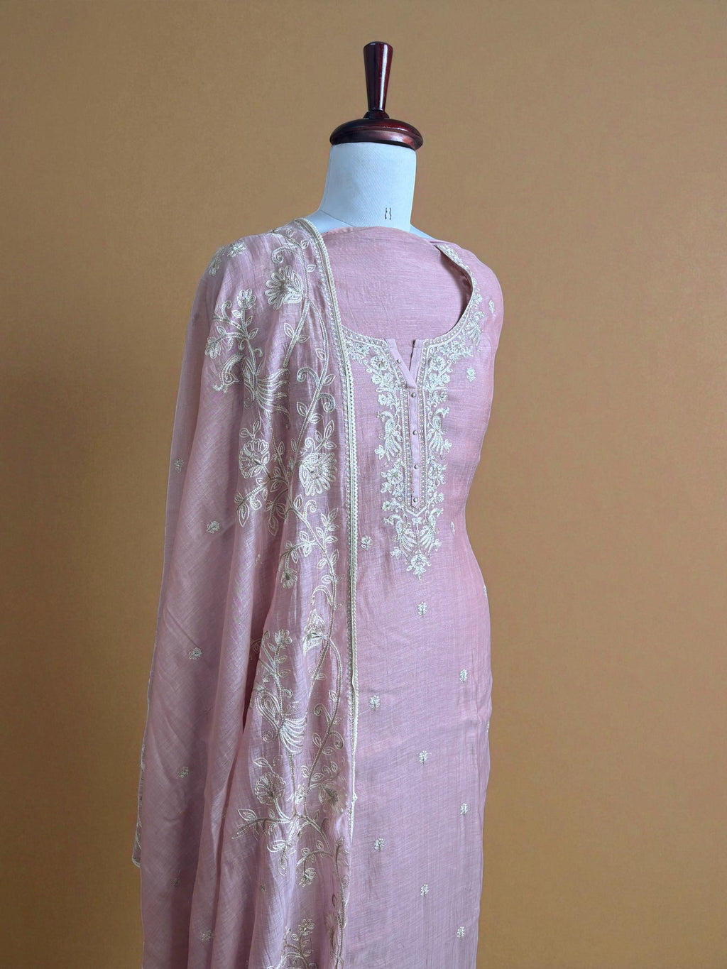 Pastel Pink Mulmul Chanderi Thread Embroidery Suit