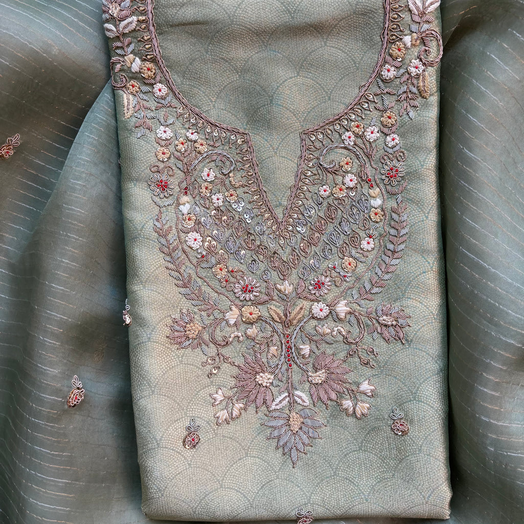 Pure Jacquard Tissue with Zardozi Frenchknot Embroidery Suit