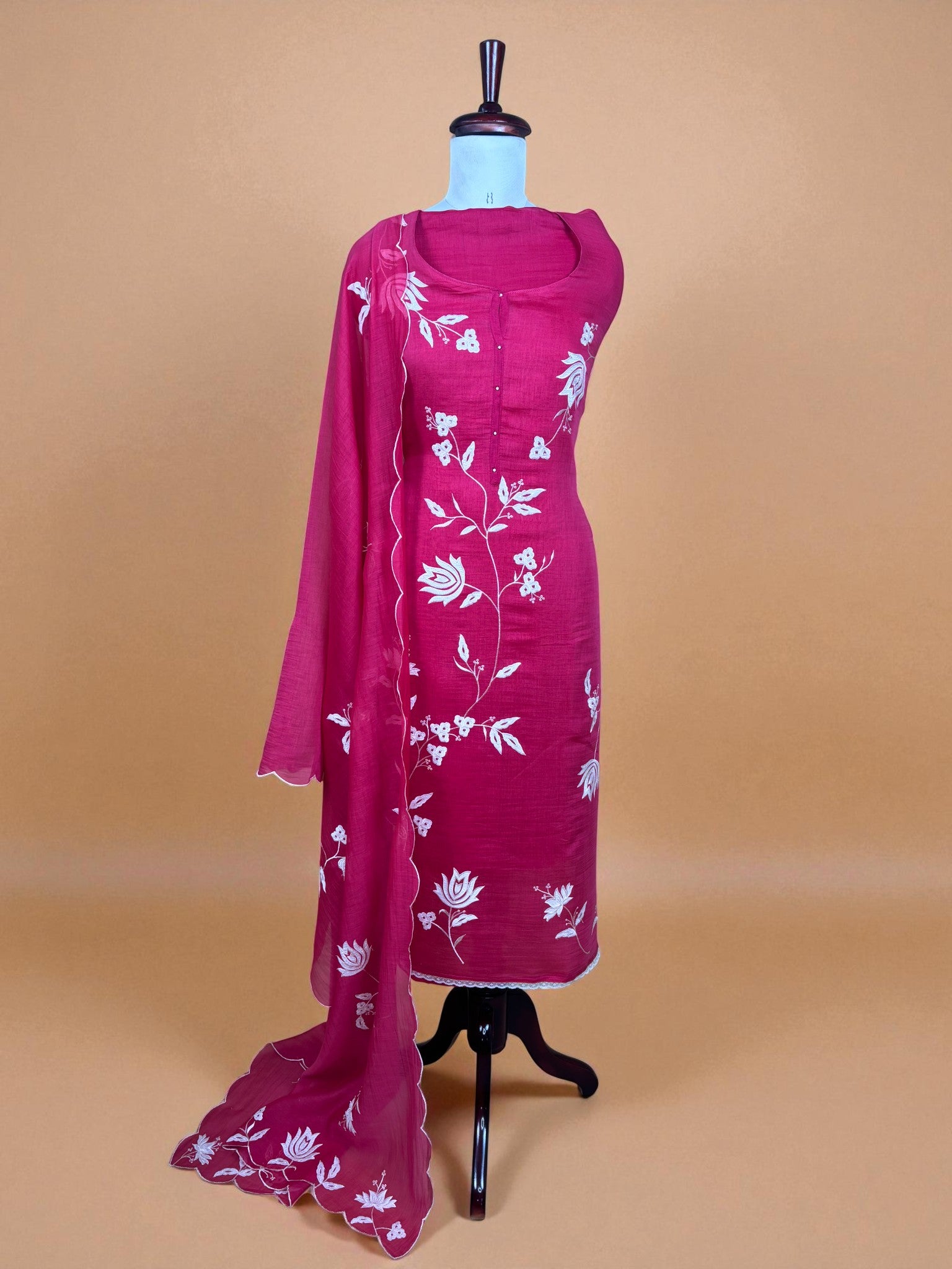 Mulmul Chanderi Suit with Appliqué Floral Embroidery Suit