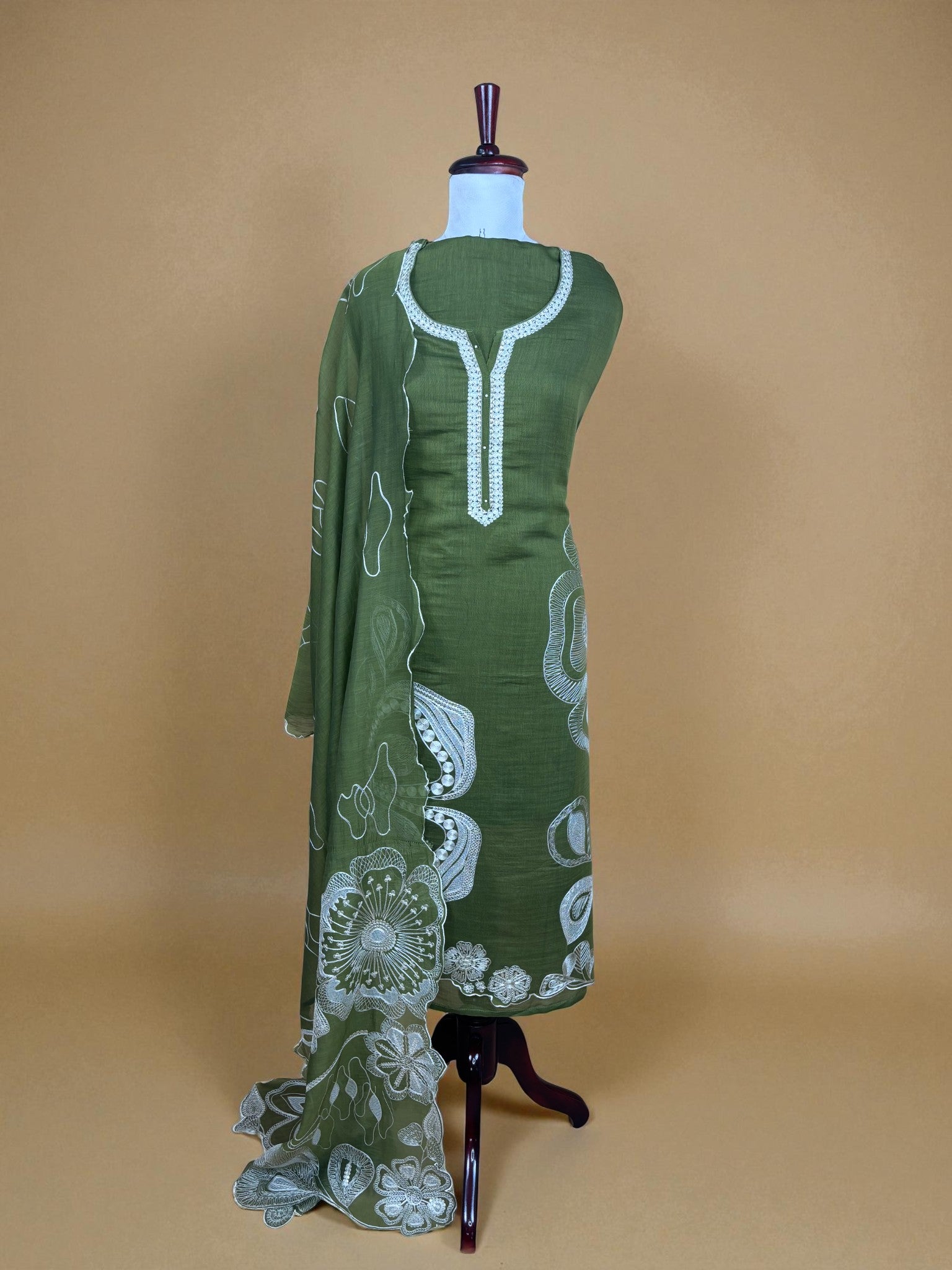 Mehandi Green Mumlmul Chanderi Embroidery Dori Sequence work Suit