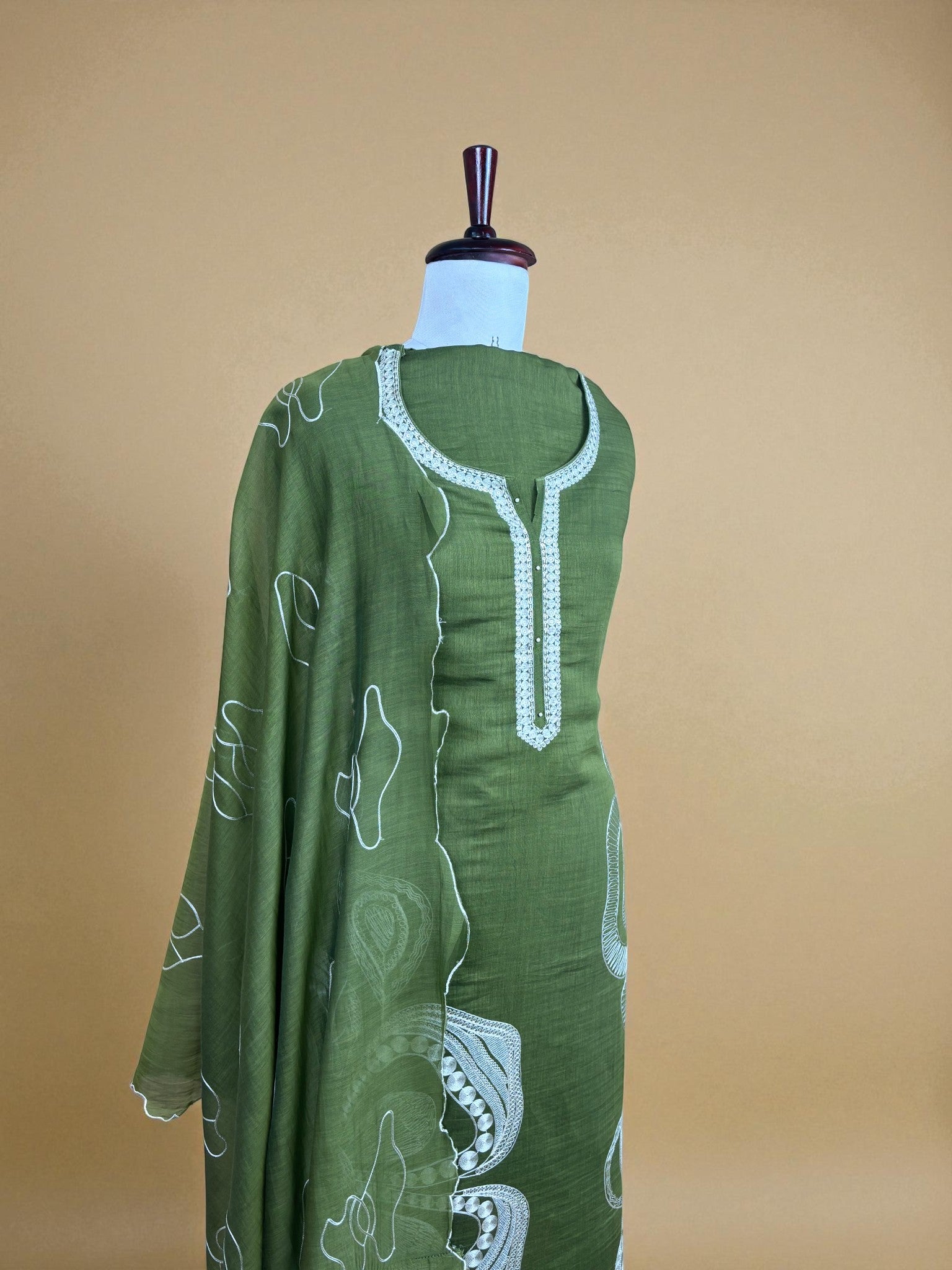 Mehandi Green Mumlmul Chanderi Embroidery Dori Sequence work Suit