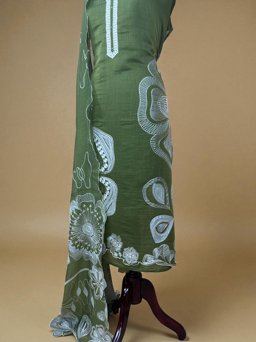 Mehandi Green Mumlmul Chanderi Embroidery Dori Sequence work Suit