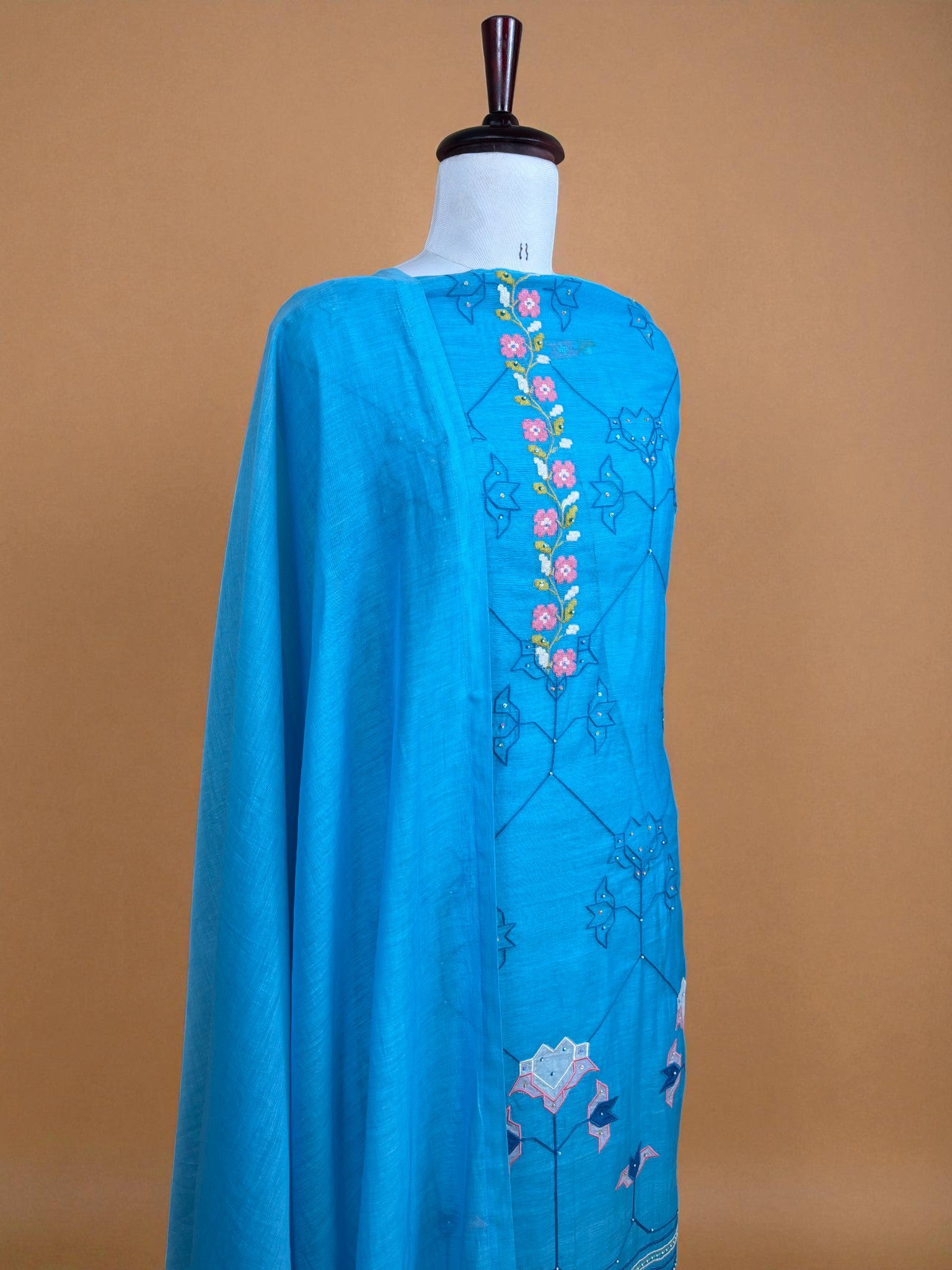 Mulmul Chanderi with Applique Pearl Highlights Embroidery Suit