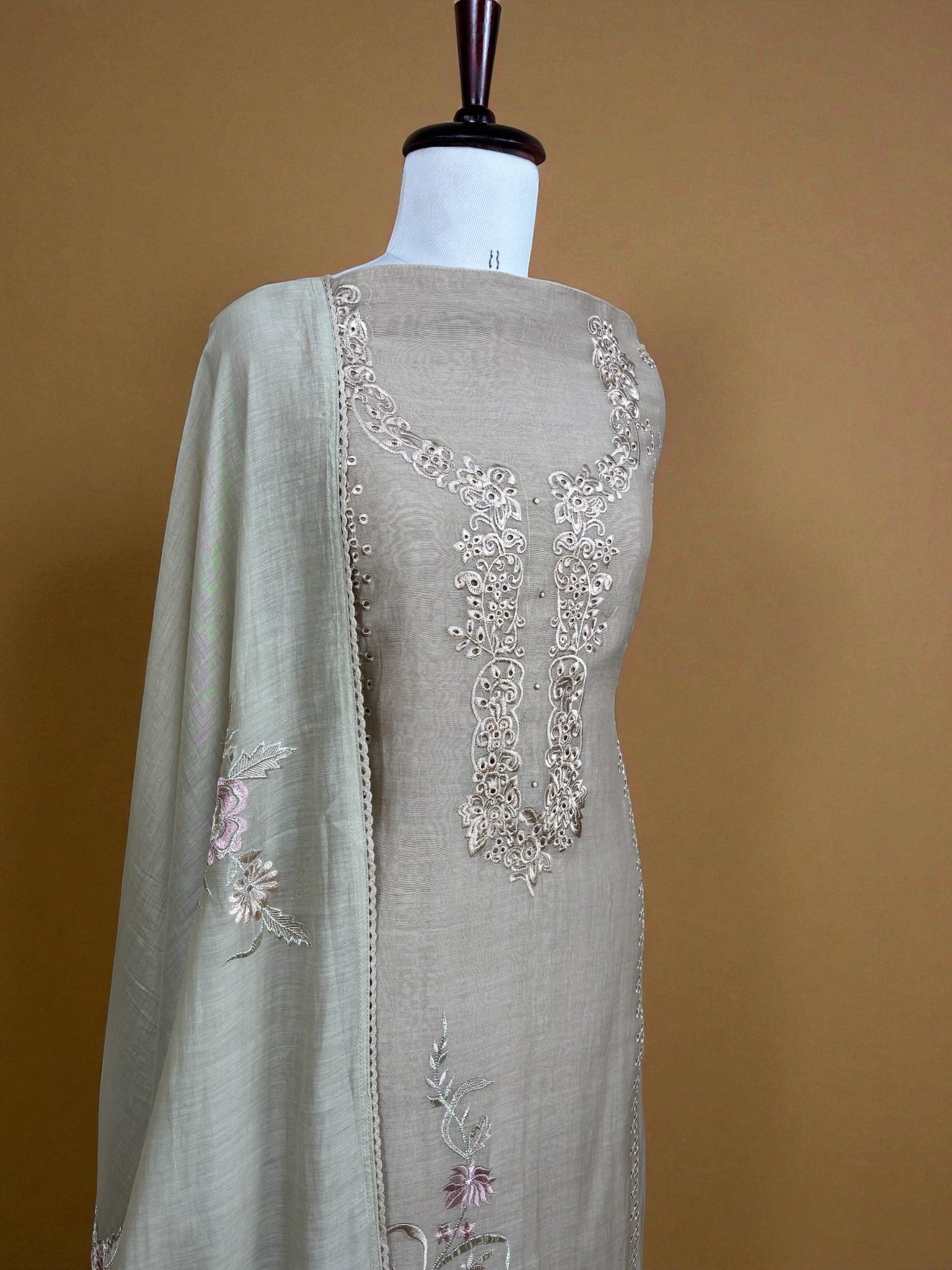 Beige Mulmul Chanderi Thread Embroidery Kurta Suit