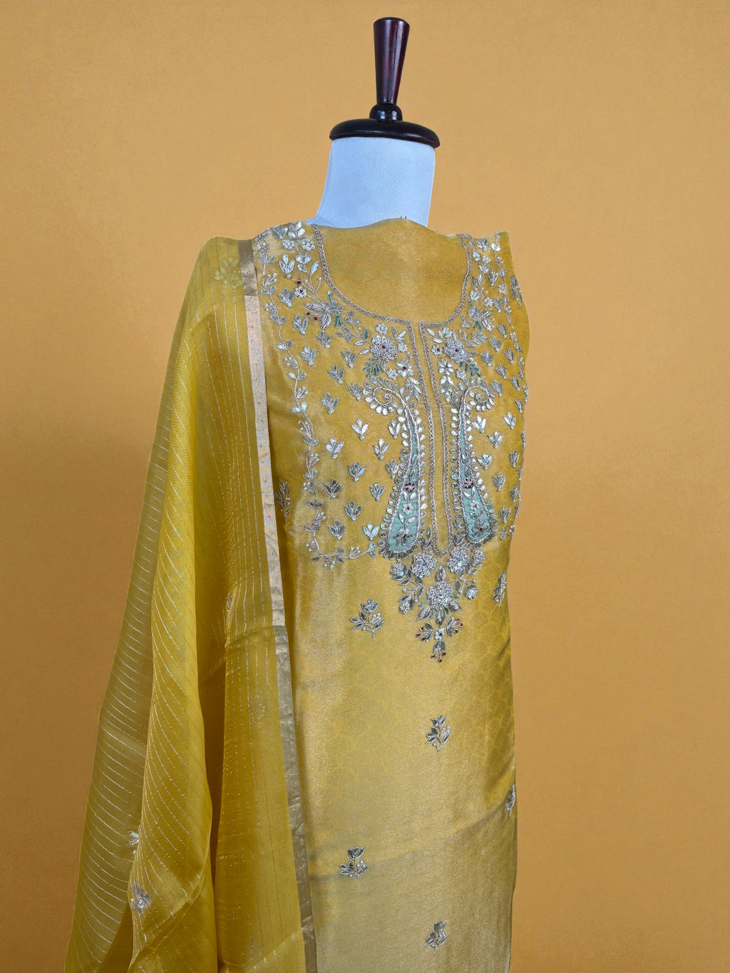 Mango Yellow Pure Tissue with Gotta Patti Embroidery Suit