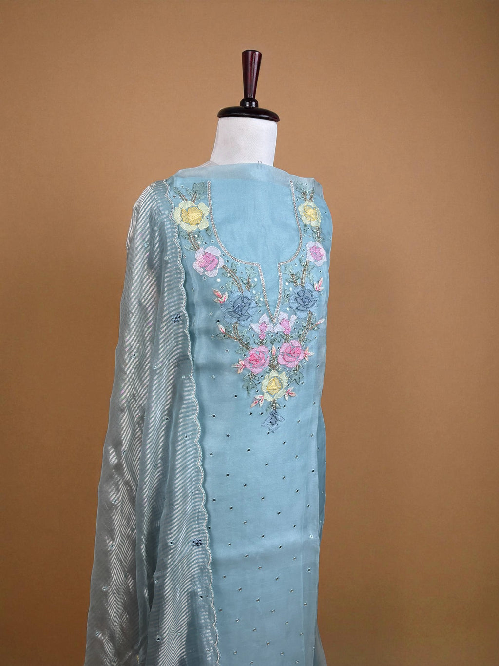 Light Blue Pure Organza with Shadow embroidery Mirror Highlights Suit