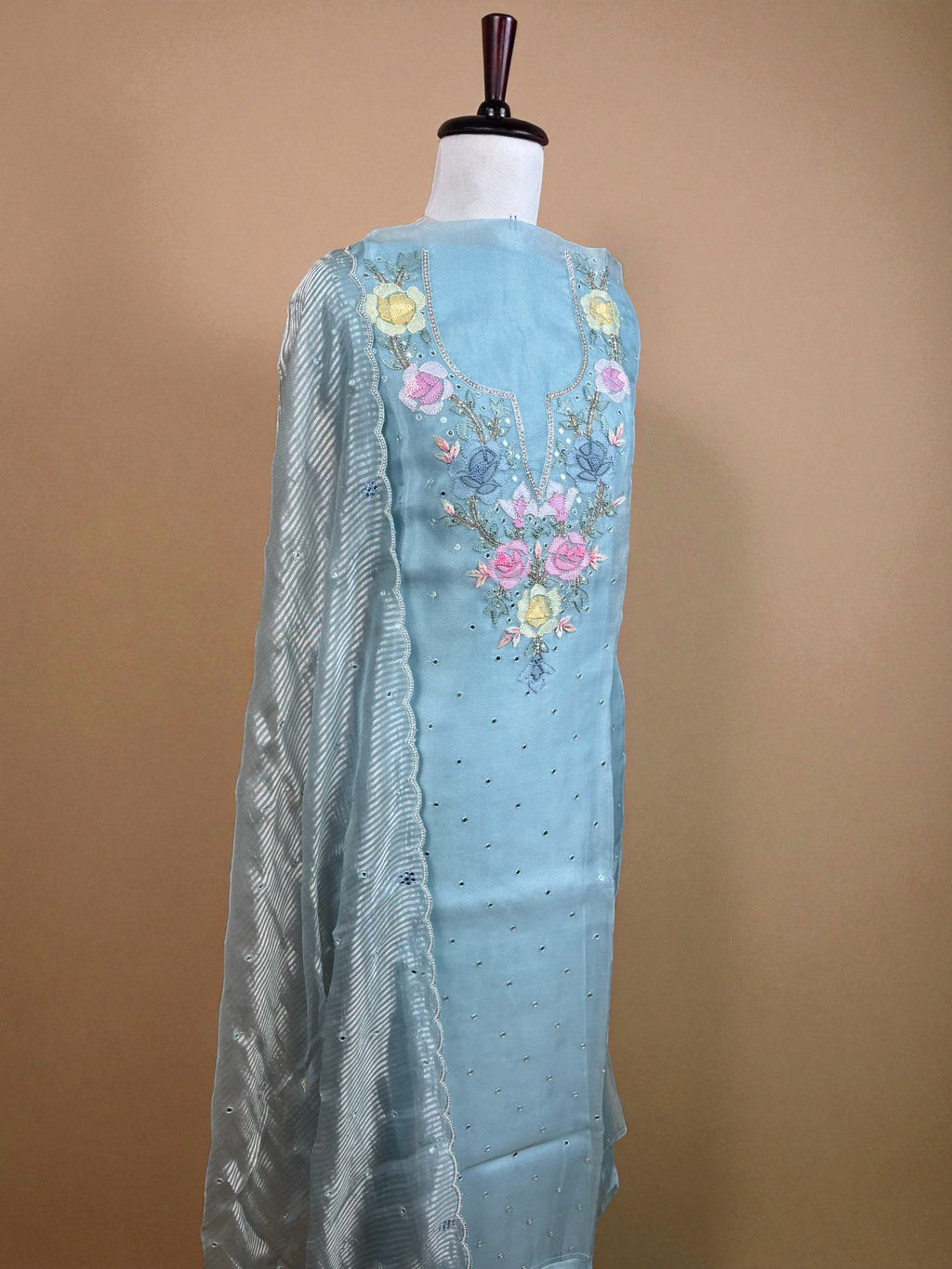Light Blue Pure Organza with Shadow embroidery Mirror Highlights Suit
