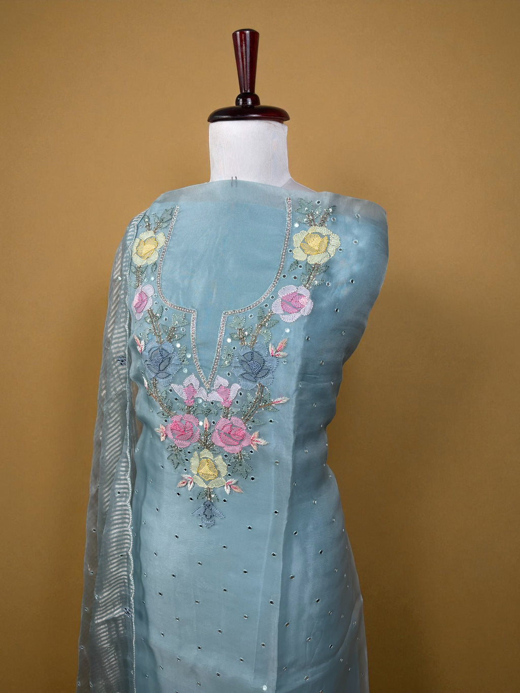 Light Blue Pure Organza with Shadow embroidery Mirror Highlights Suit