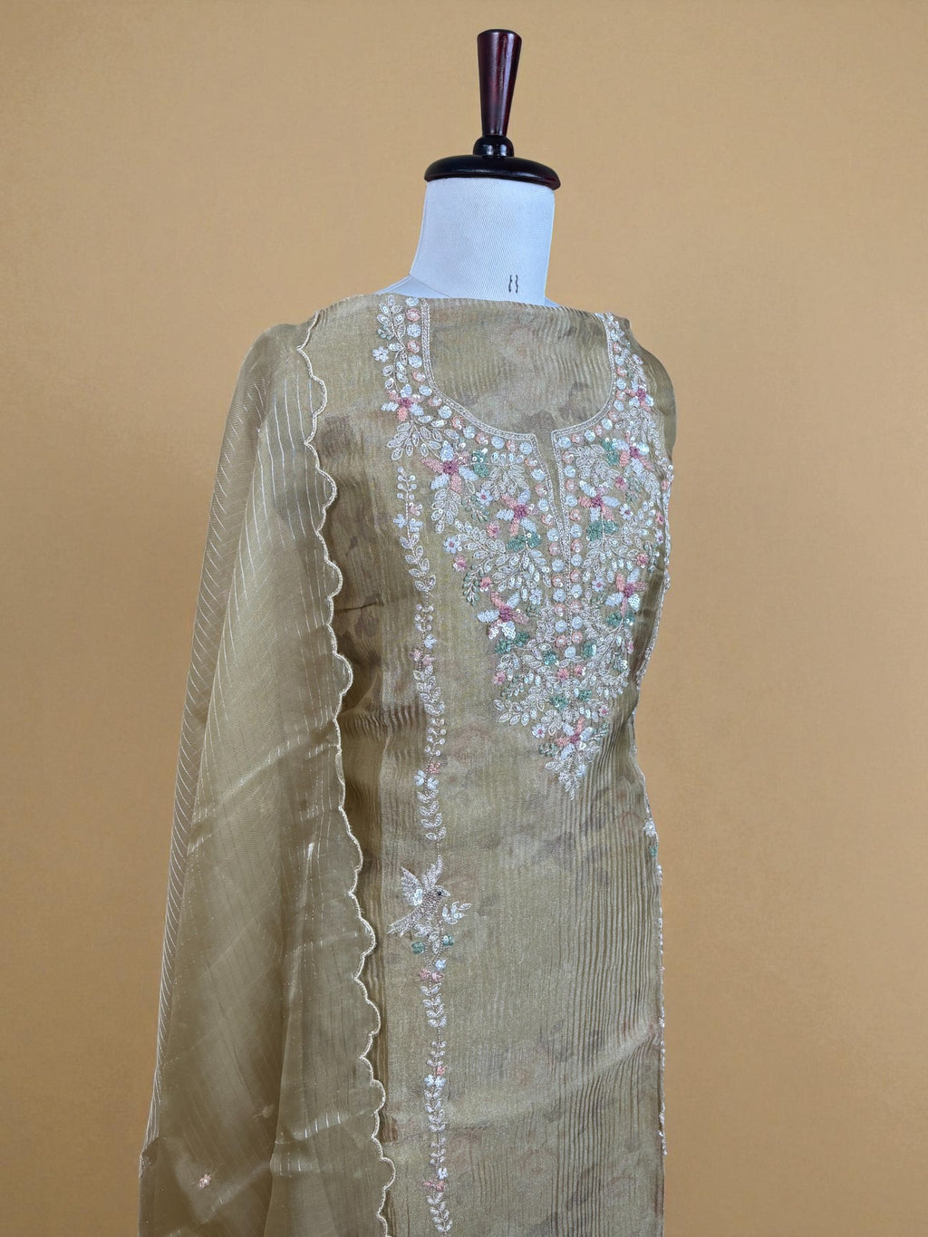 Pure Tissue Crinkled with Sequence Hand Embroidery Suit