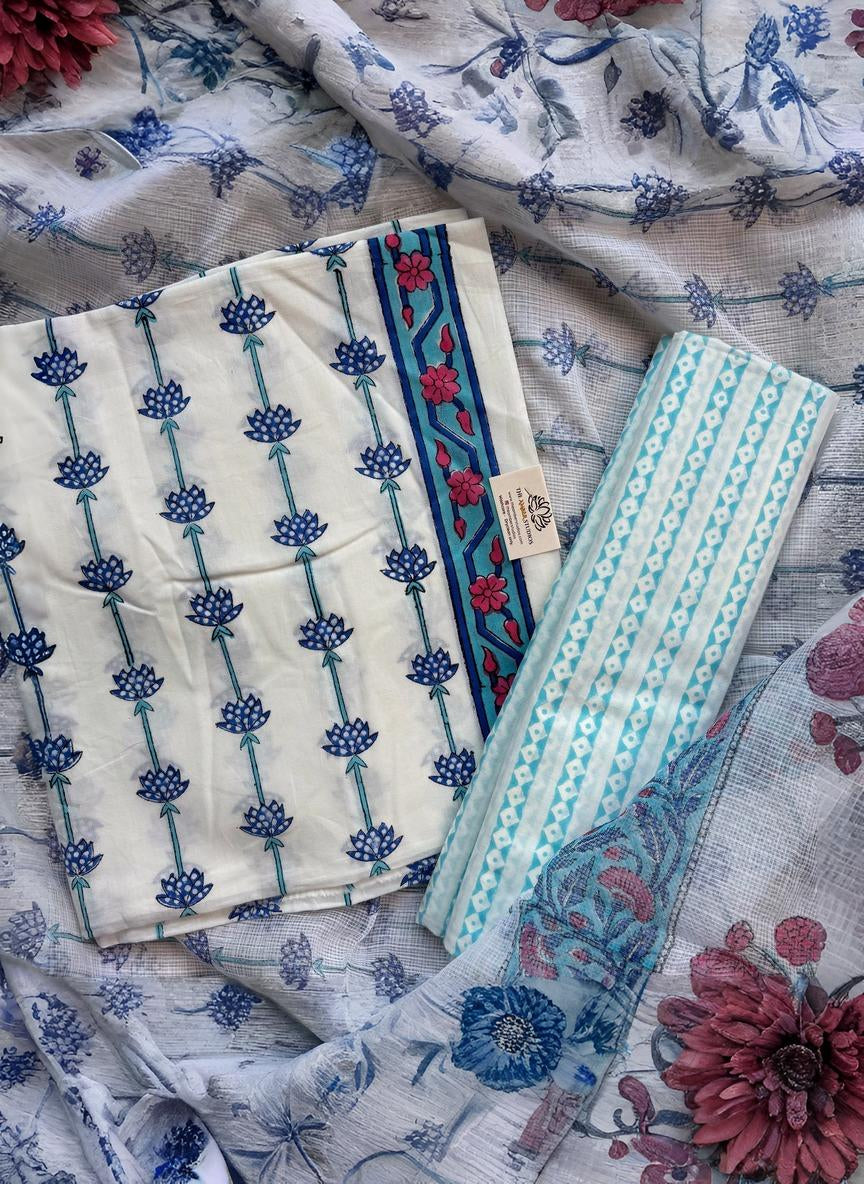 White Floral Pure Cotton Handblock Suit with Kota Dupattta
