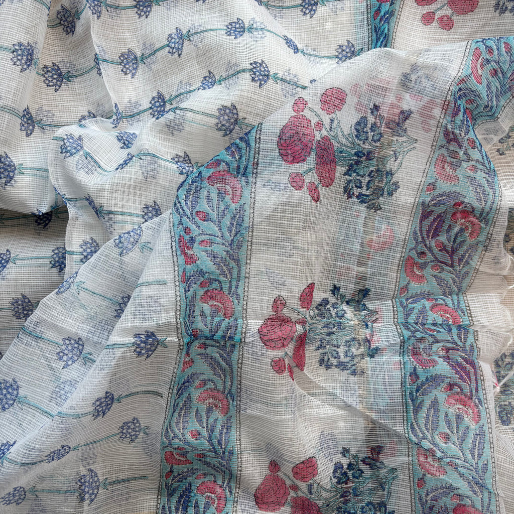 White Floral Pure Cotton Handblock Suit with Kota Dupattta
