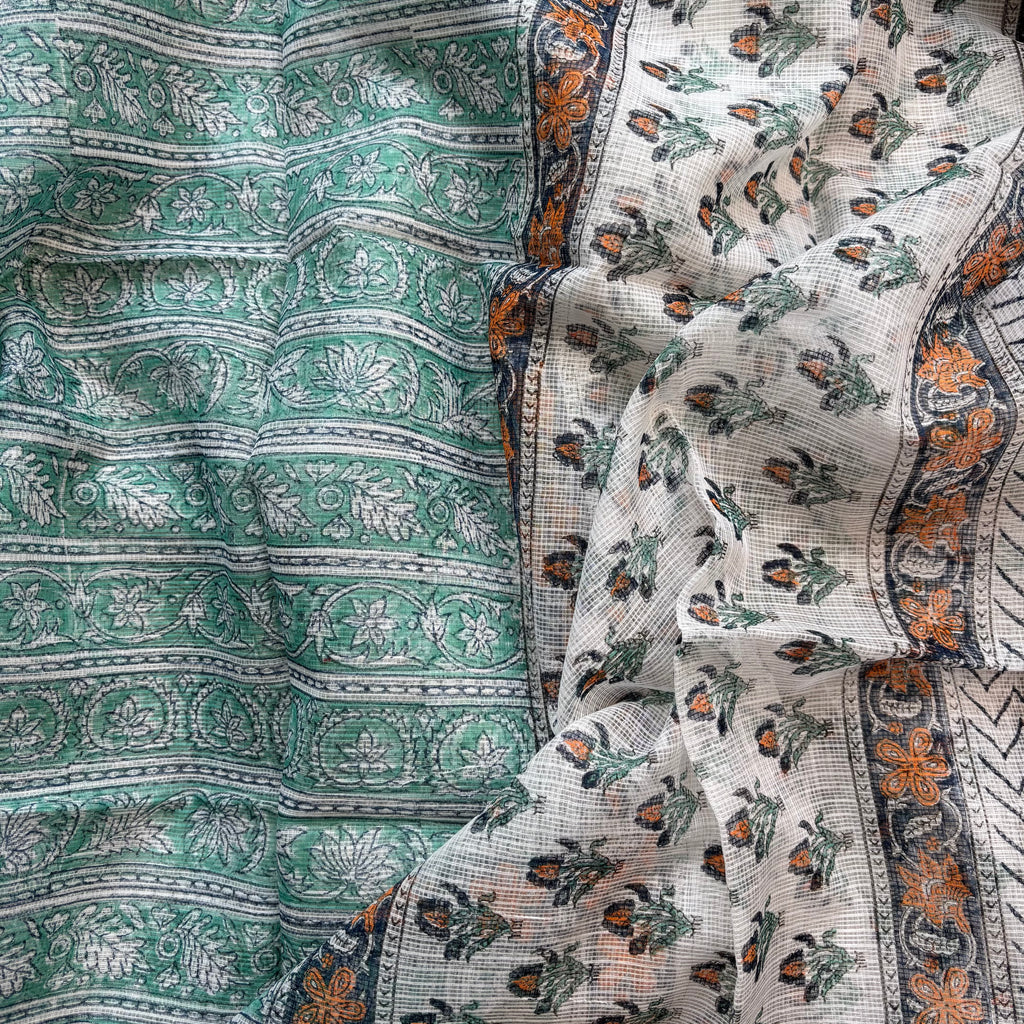 White Floral Pure Cotton Handblock Suit with Dupatta