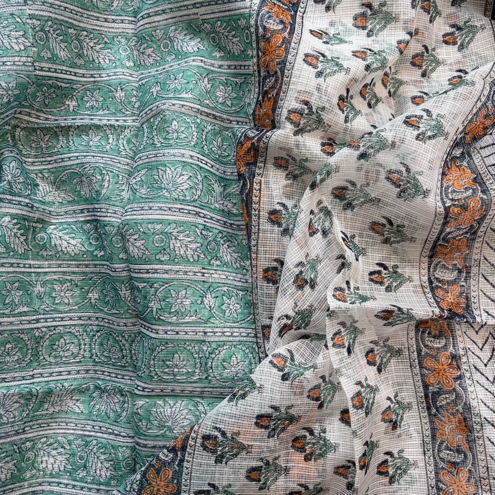 White Floral Pure Cotton Handblock Suit with Dupatta