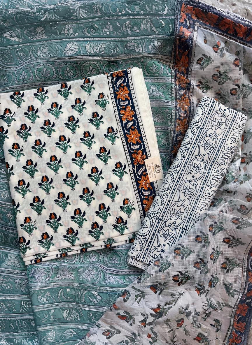 White Floral Pure Cotton Handblock Suit with Dupatta