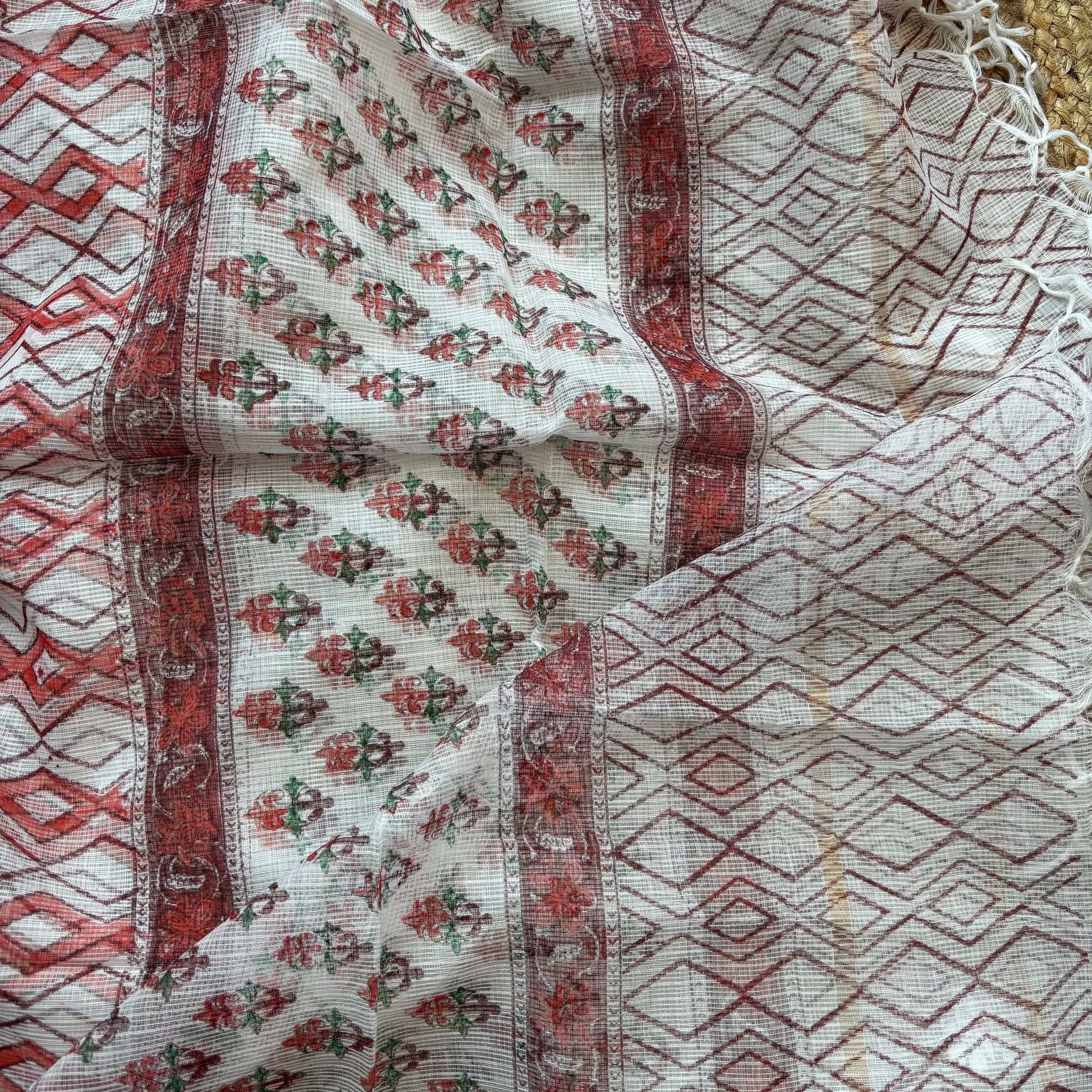 White Floral Pure Cotton Handblock Suit with Kota Dupatta