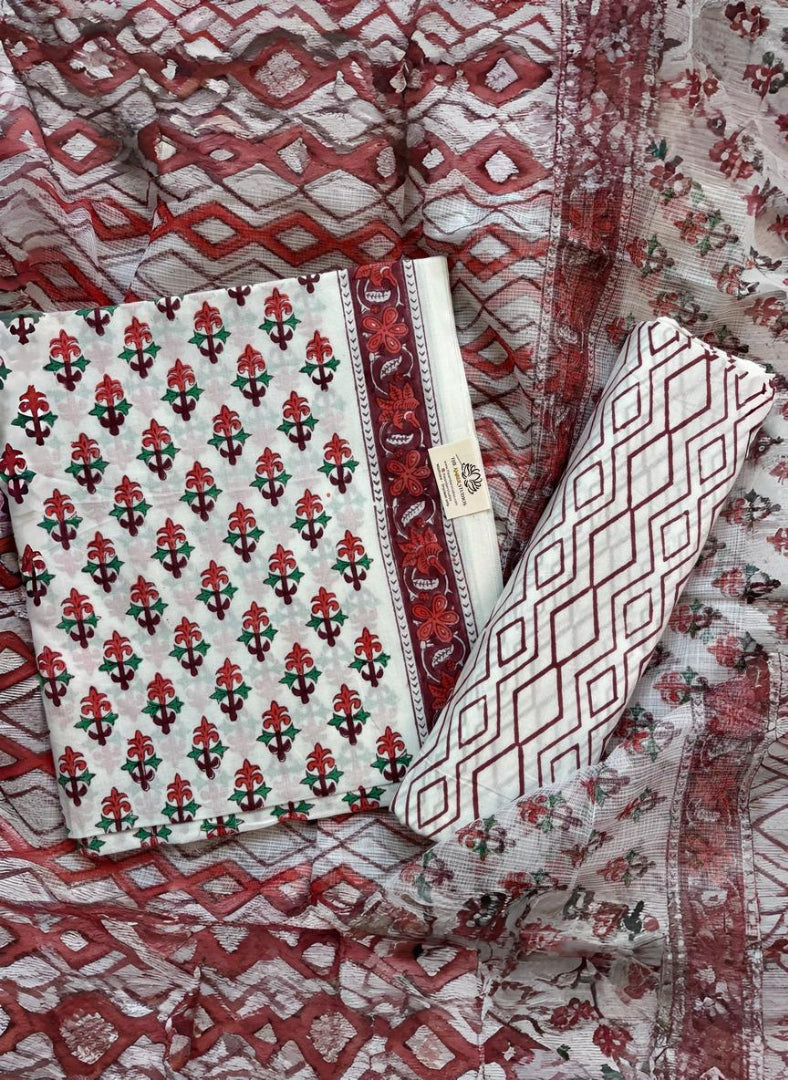 White Floral Pure Cotton Handblock Suit with Kota Dupatta