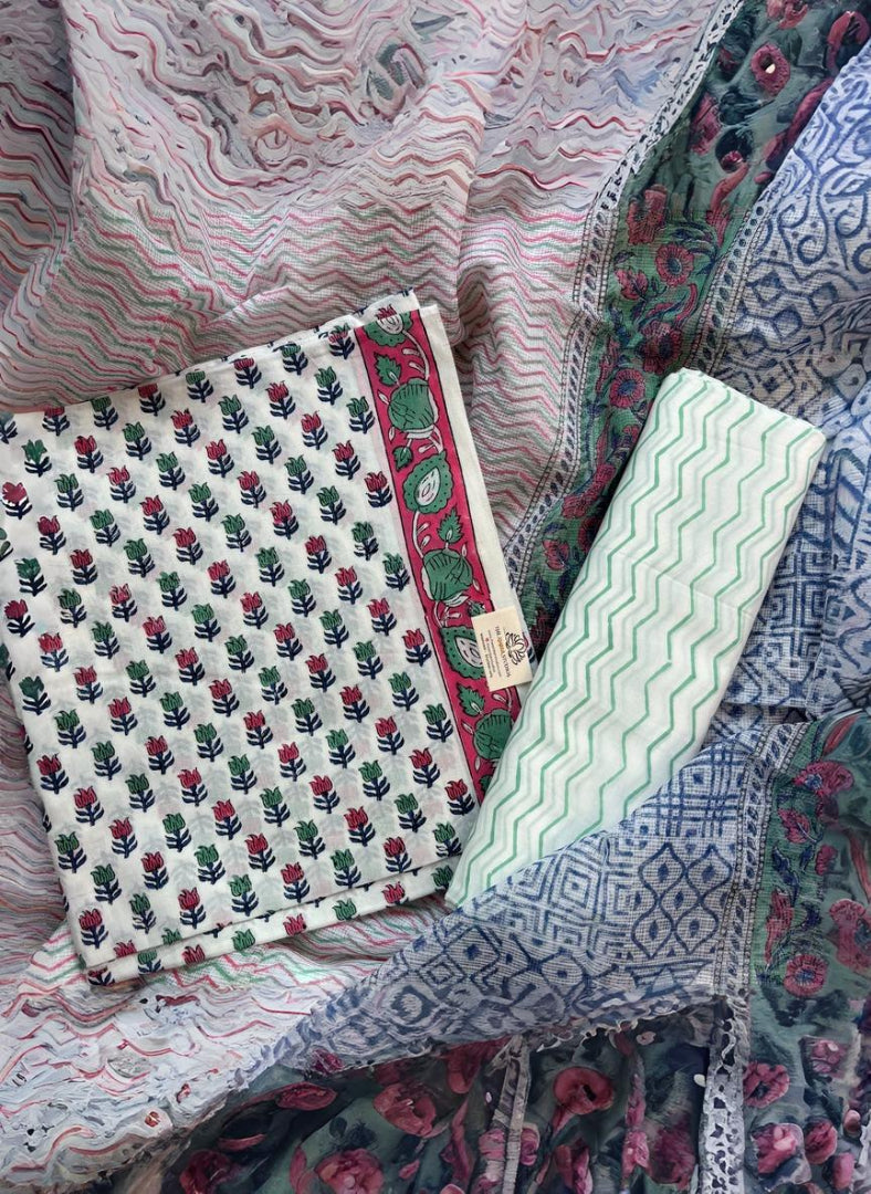 White Floral Pure Cotton Handblock Suit with Dupatta