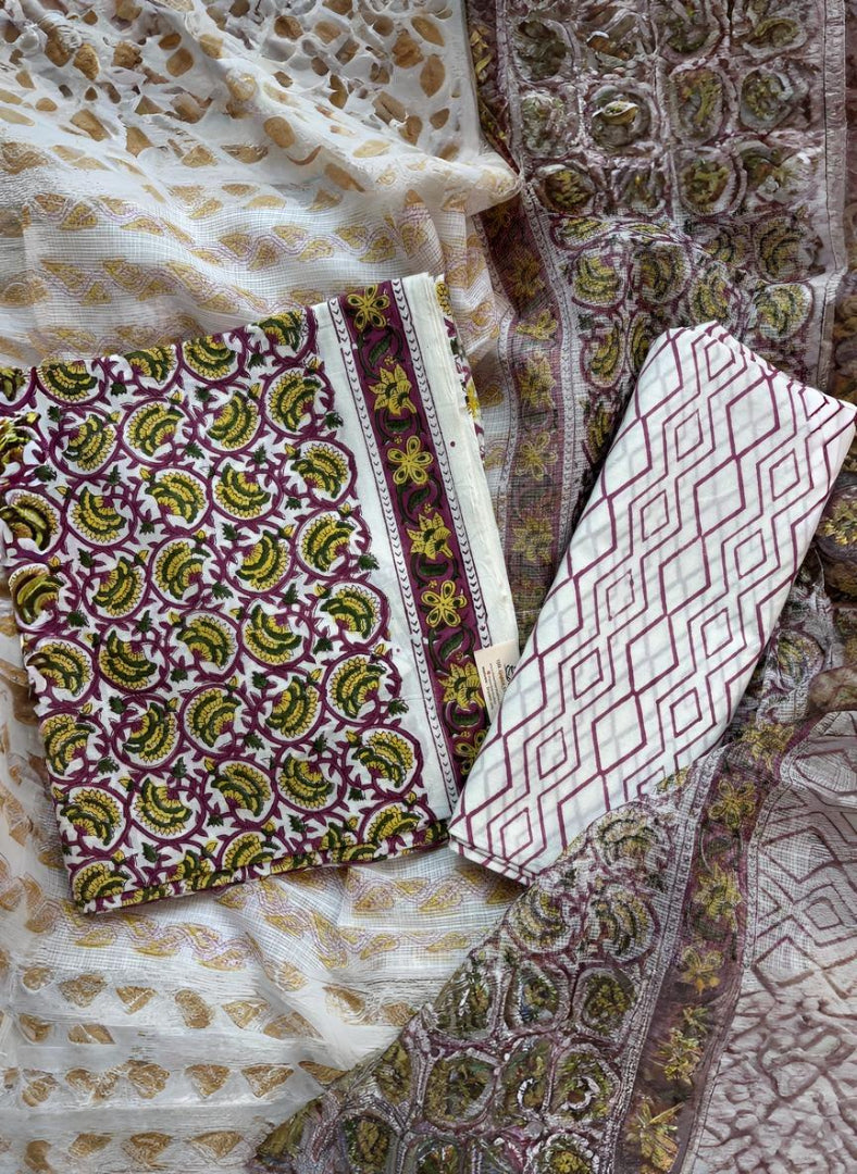 Wine Floral Pure Cotton Handblock Suit With Kota Dupatta