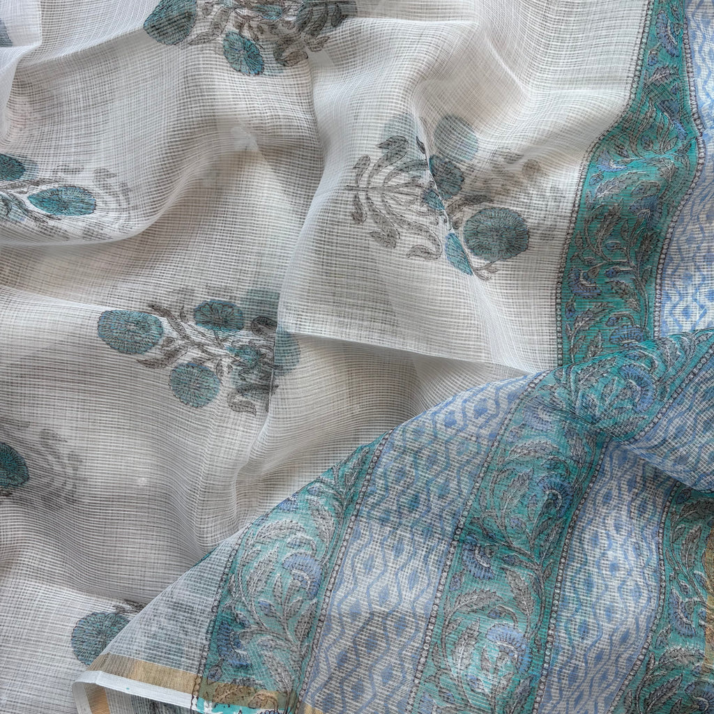 White Floral Pure Cotton Handblock Suit with Kota Dupatta