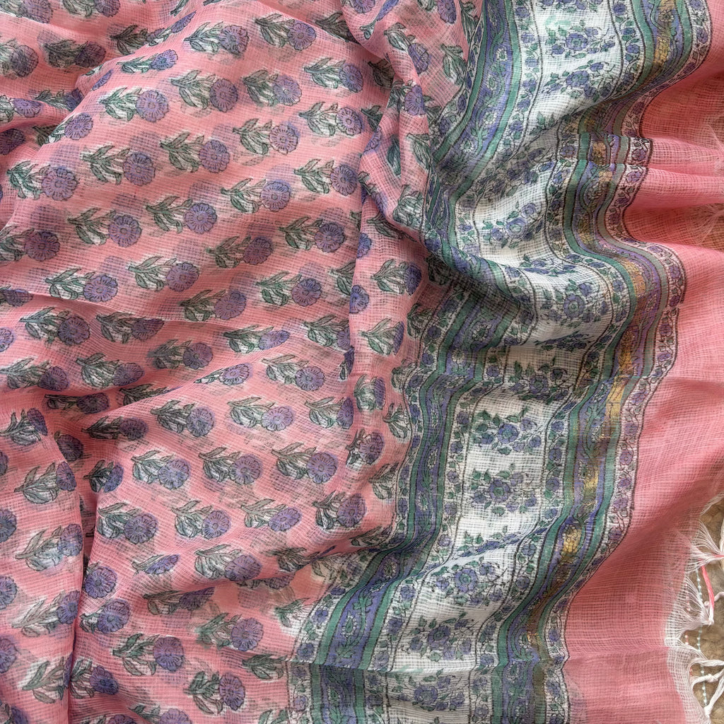 Pink Floral Pure Cotton Handblock Suit with Kota Dupatta