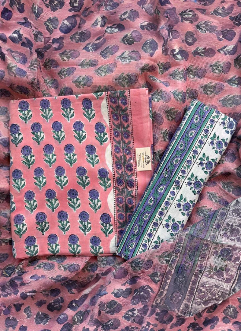 Pink Floral Pure Cotton Handblock Suit with Kota Dupatta