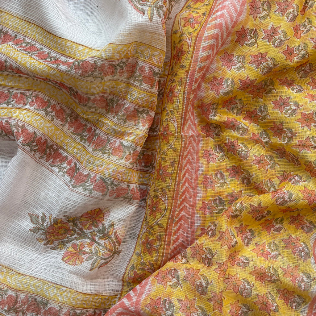 Mustard Floral Pure Cotton Handblock Suit with Kota Dupatta