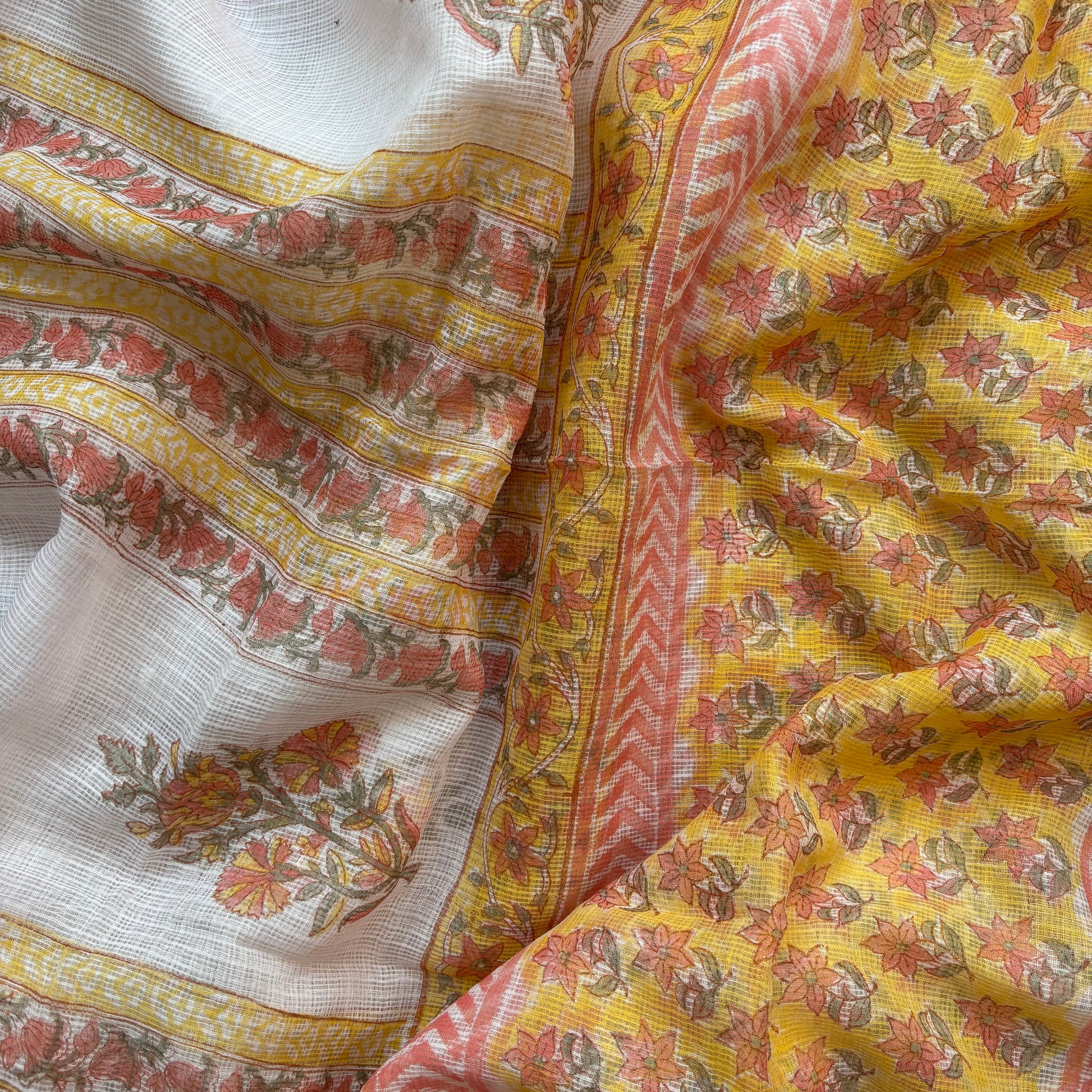 Mustard Floral Pure Cotton Handblock Suit with Kota Dupatta