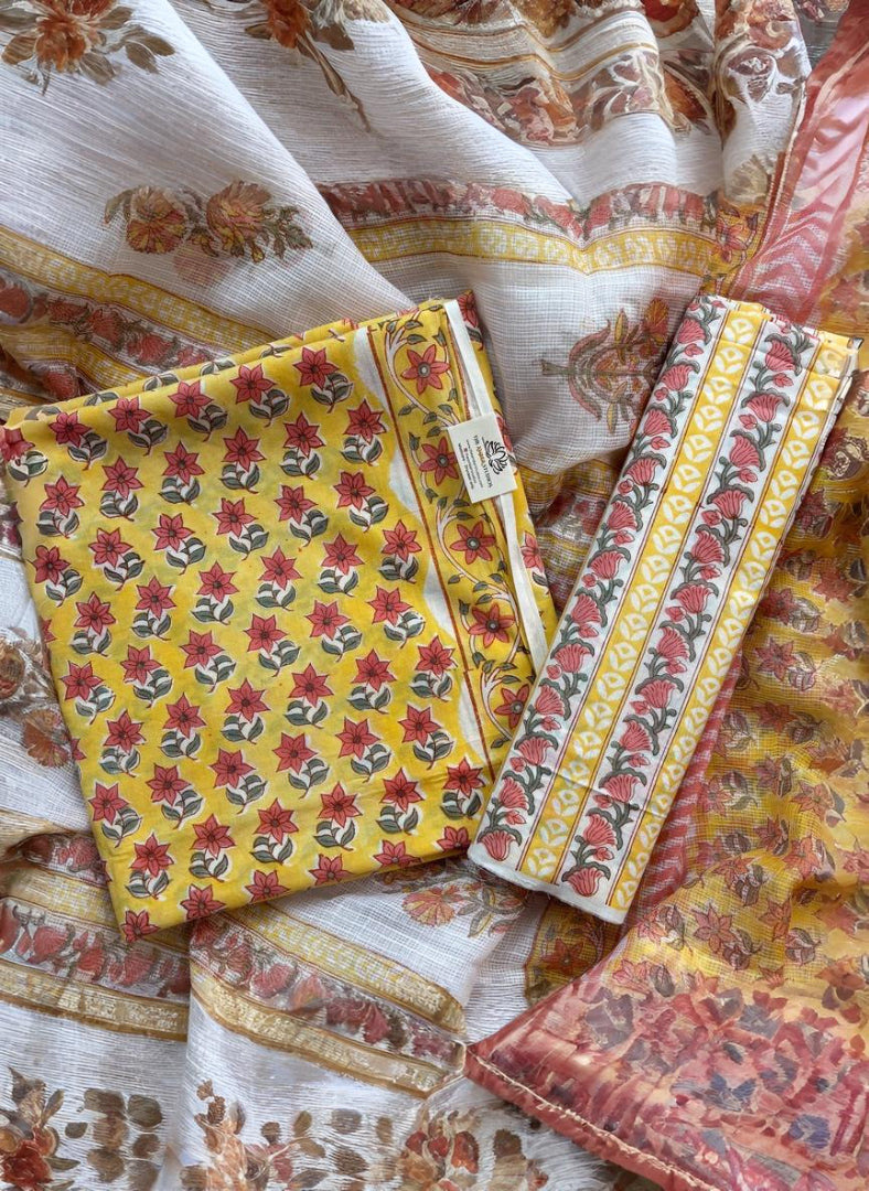 Mustard Floral Pure Cotton Handblock Suit with Kota Dupatta