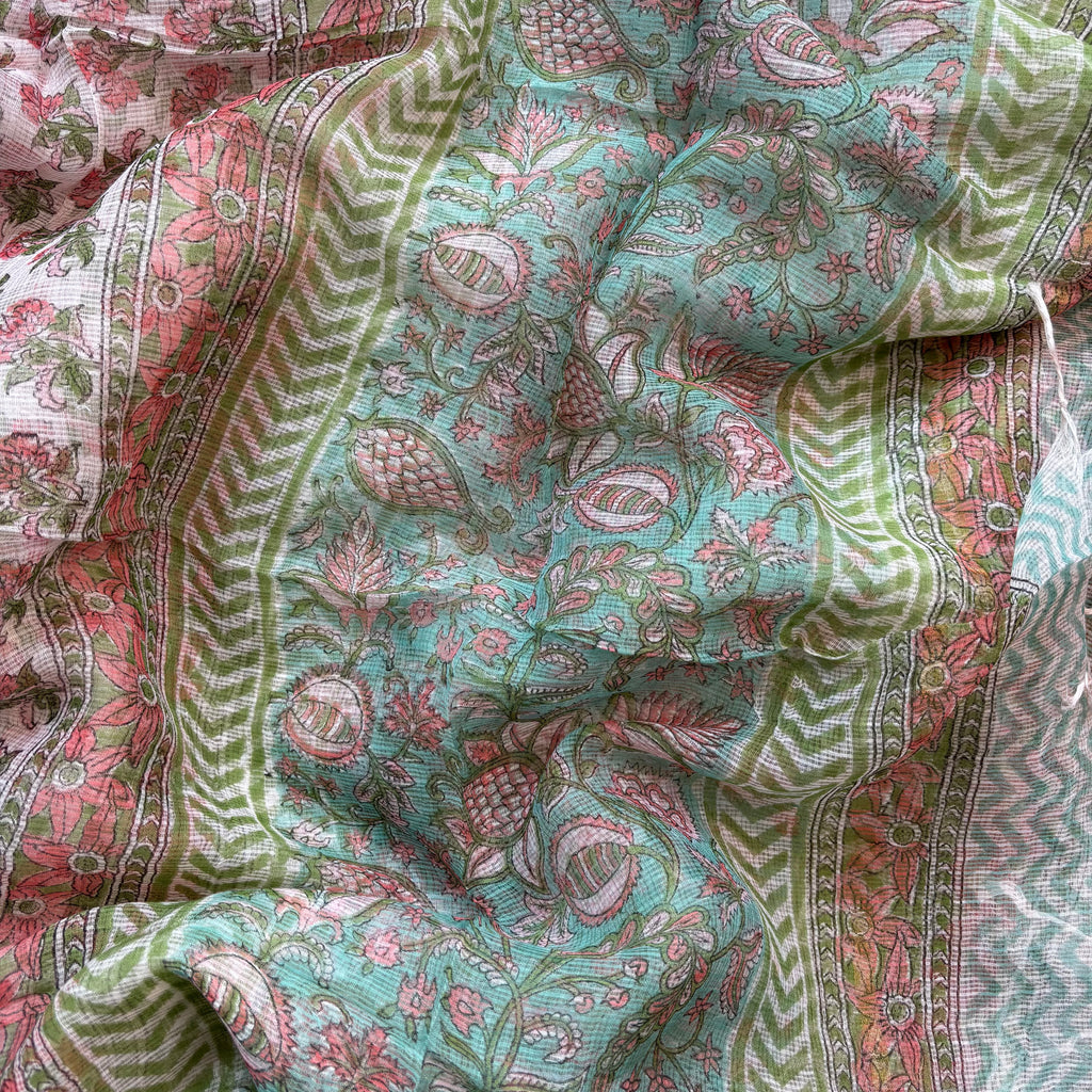 Cyan Floral Pure Cotton Handblock Suit with Dupatta