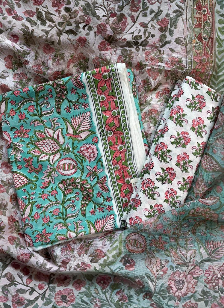 Cyan Floral Pure Cotton Handblock Suit with Dupatta