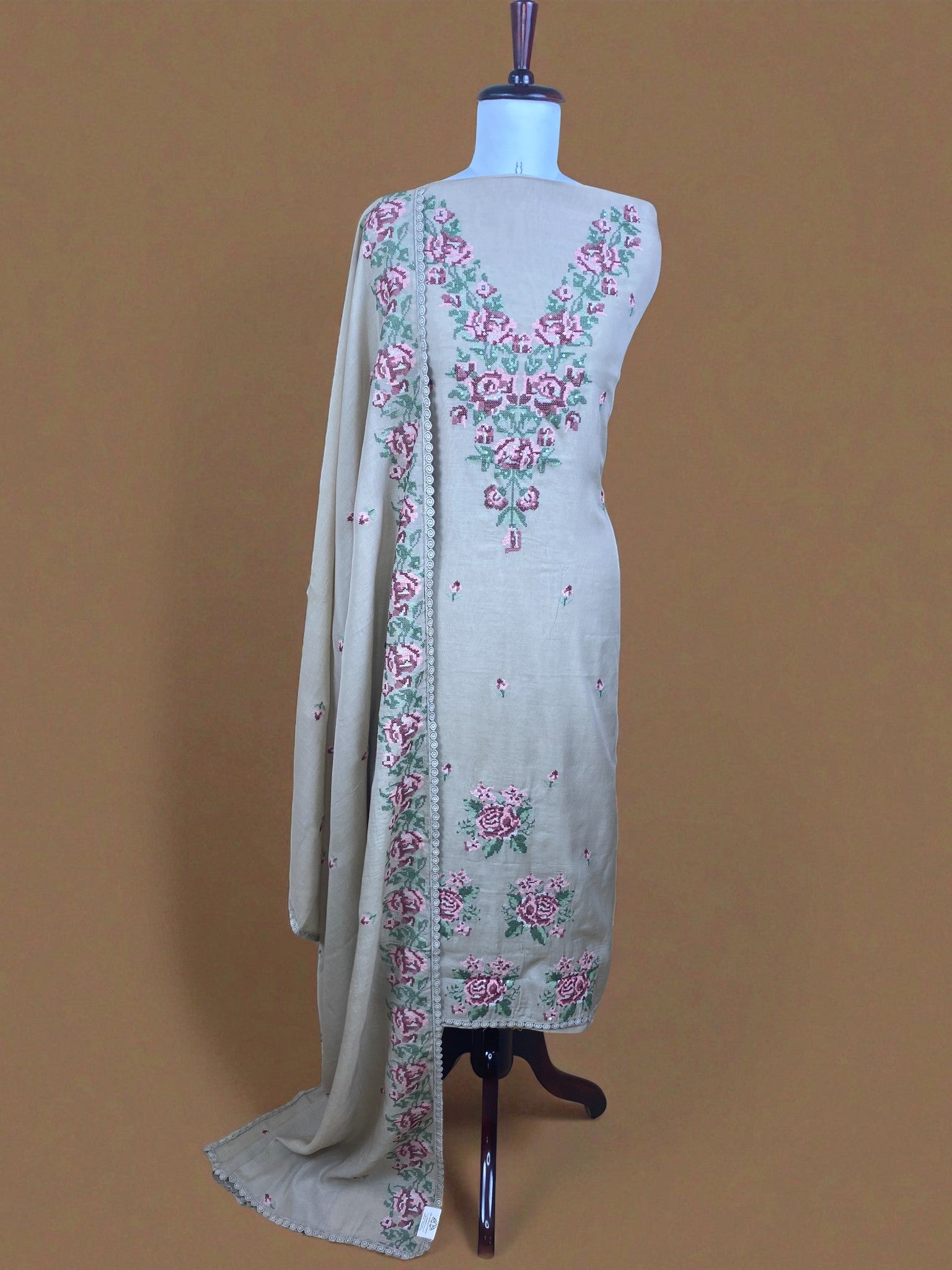Mulmul Chanderi Cross Stitched Multi Thread Embroidery Suit