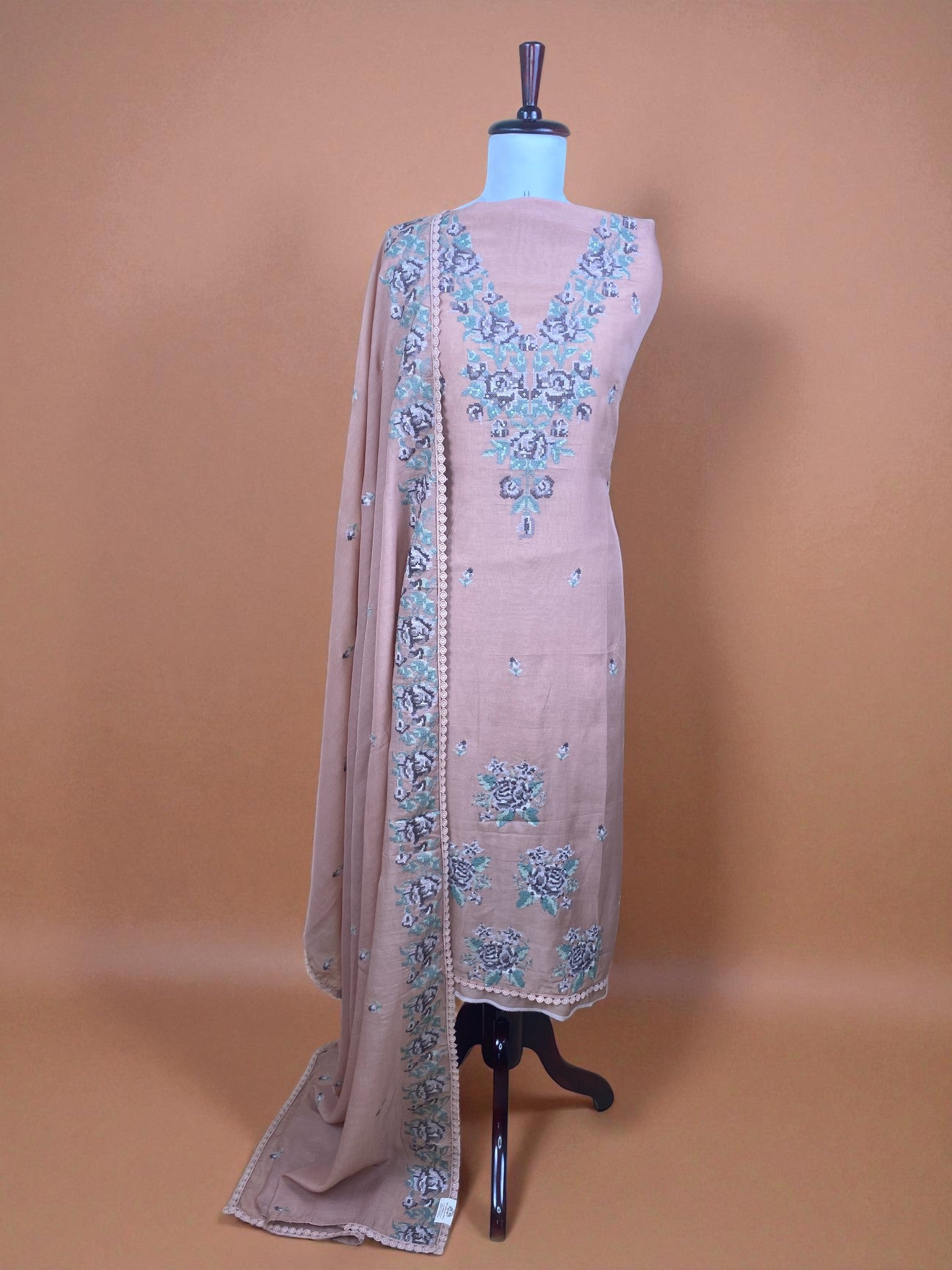 Mulmul Chanderi Cross Stitched Multi Thread Embroidery Suit