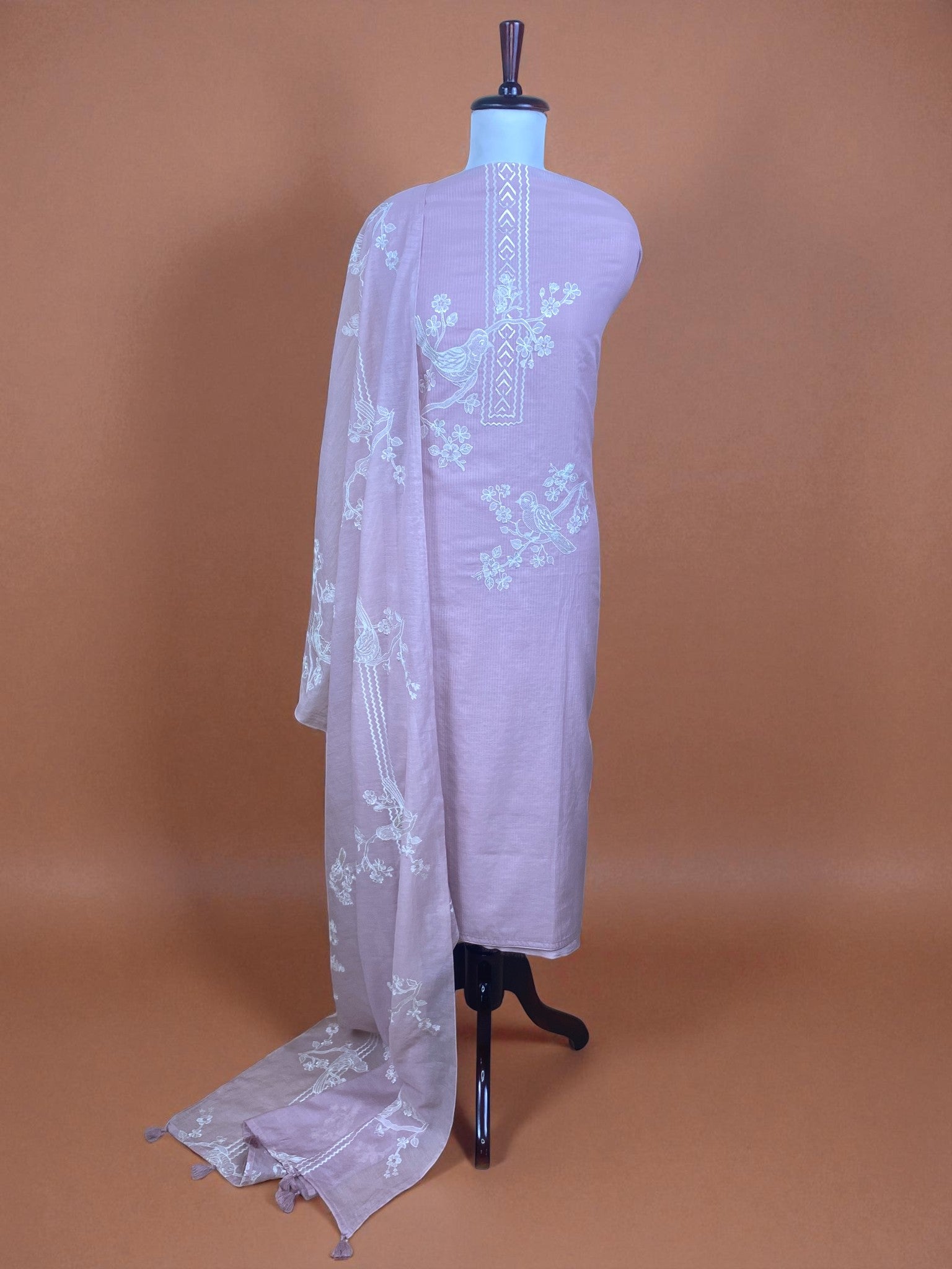 Pure Mulmul Chanderi with stripes and birds embroidery Suit