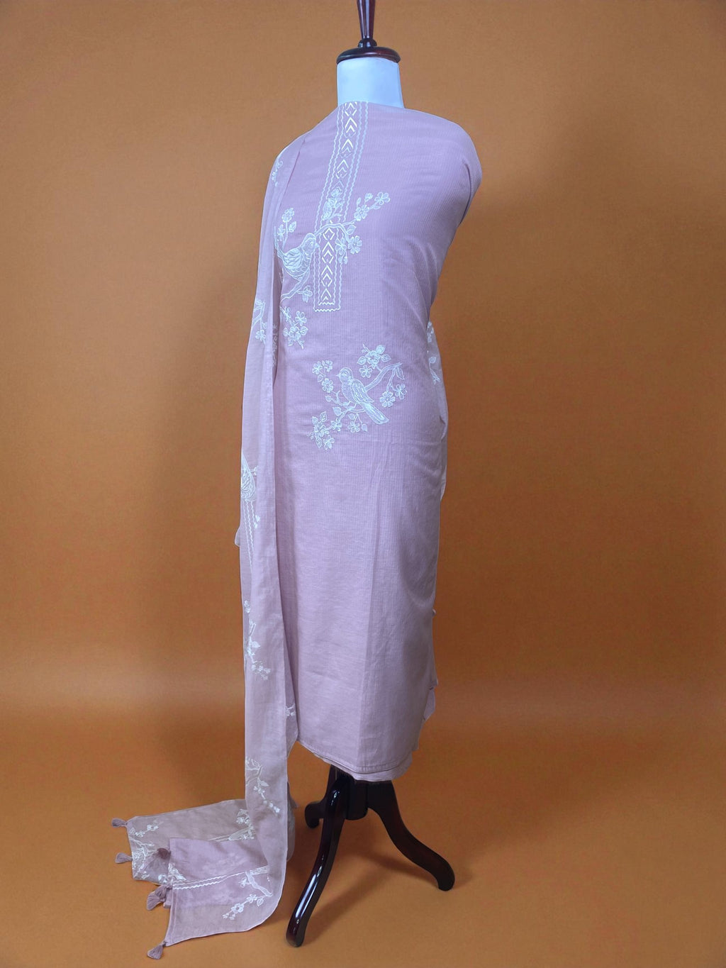 Pure Mulmul Chanderi with stripes and birds embroidery Suit