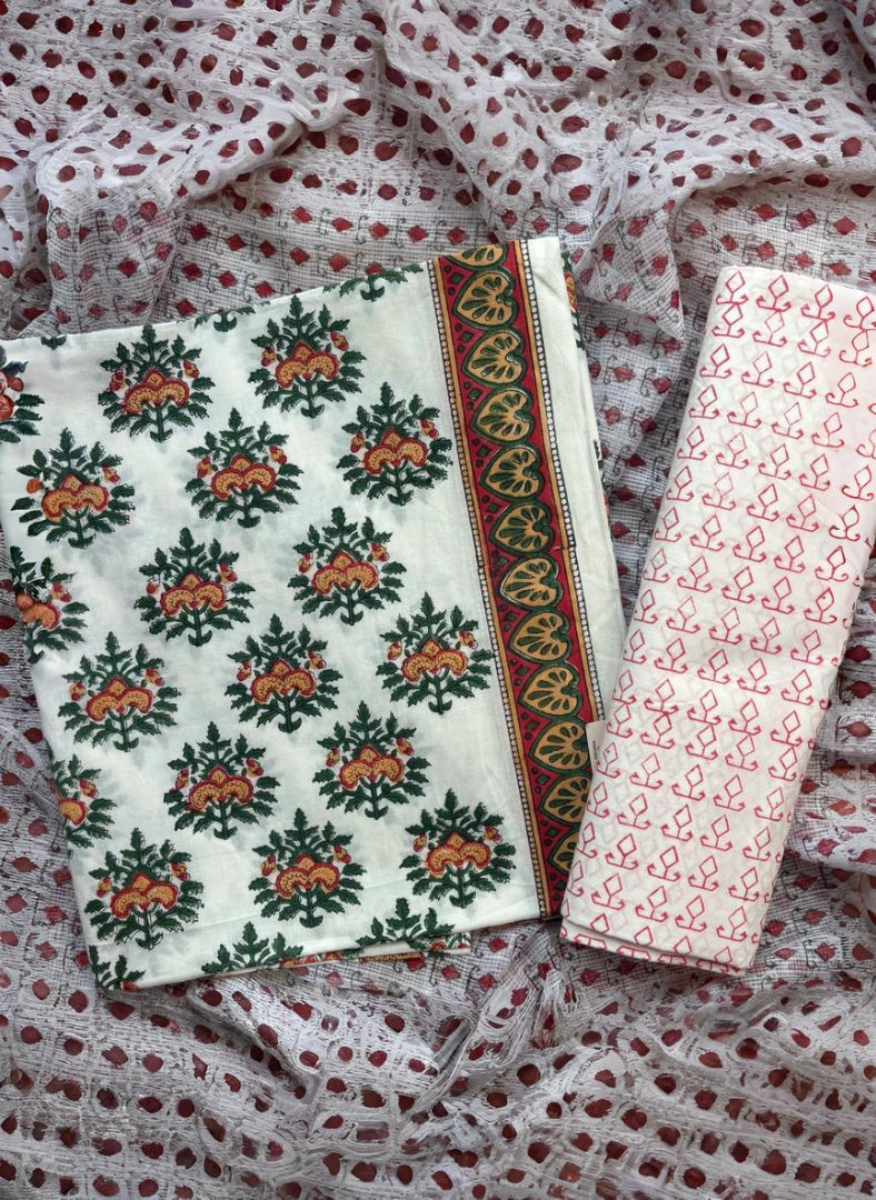 White Floral Pure Cotton Handblock Suit with Kota Dupatta