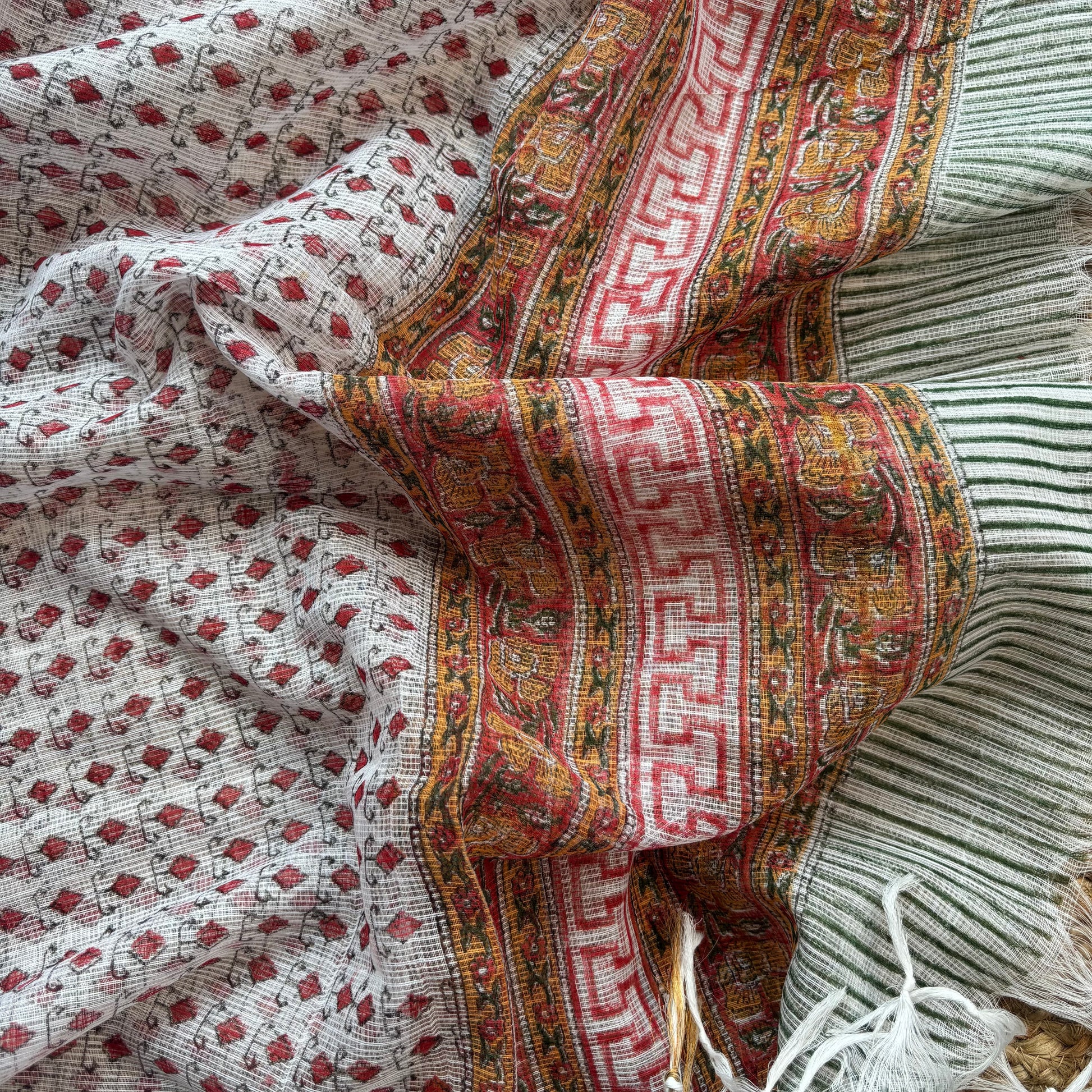 White Floral Pure Cotton Handblock Suit with Kota Dupatta