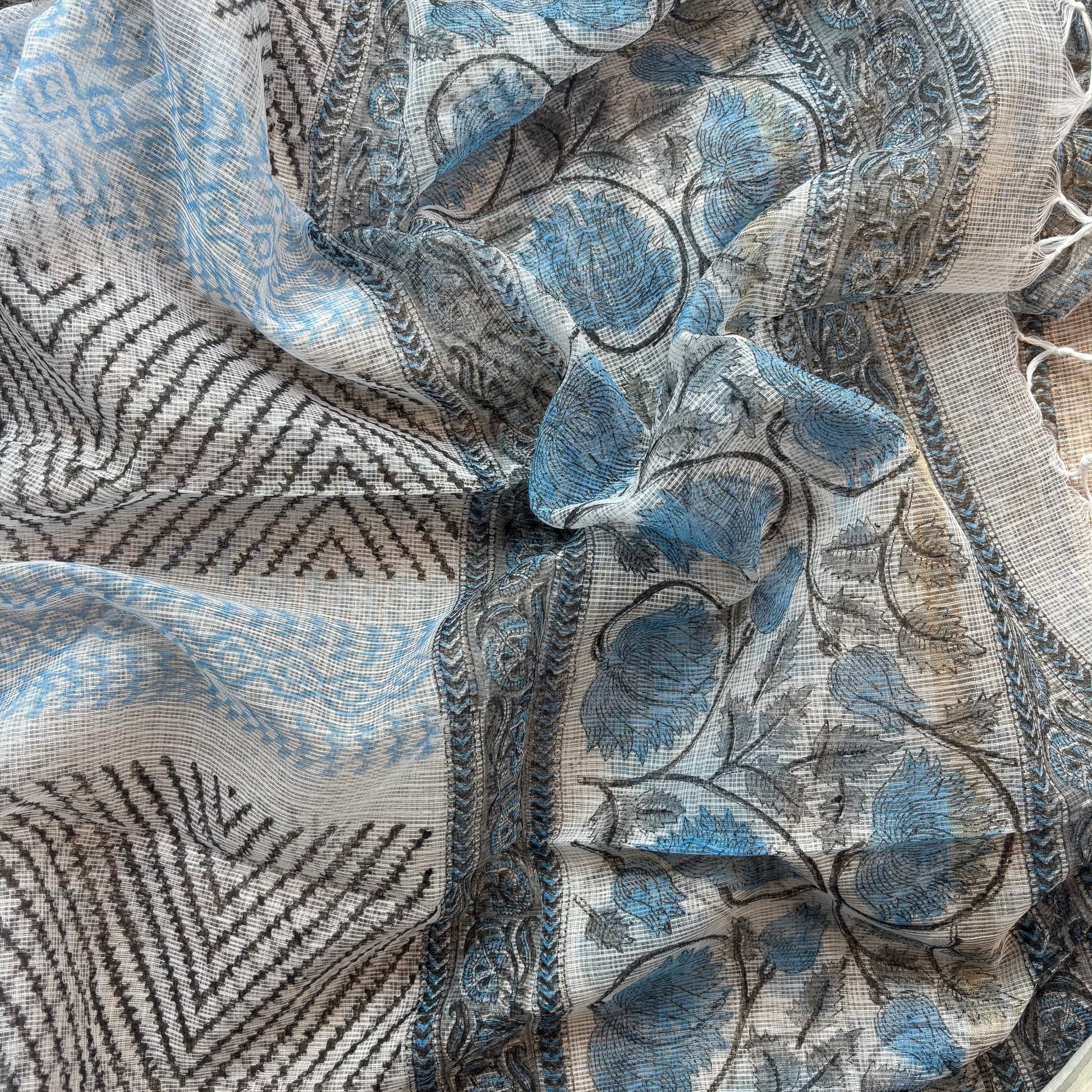 White Floral Pure Cotton Handblock Suit With Kota Dupatta