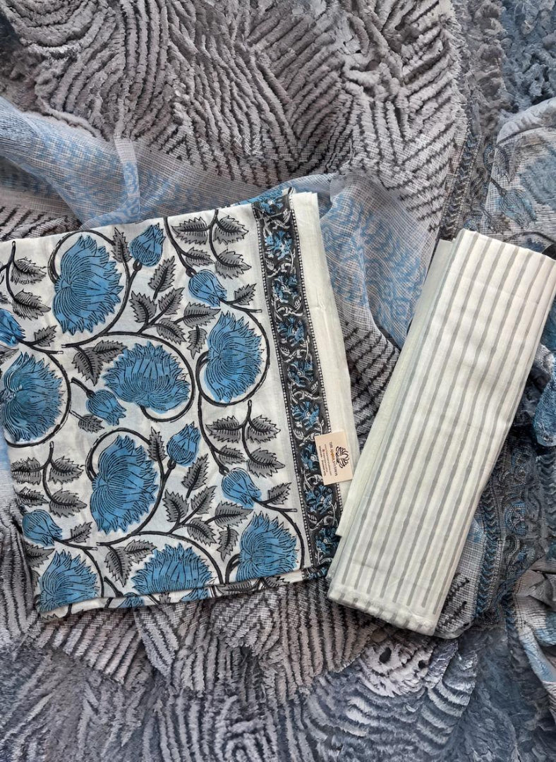 White Floral Pure Cotton Handblock Suit With Kota Dupatta