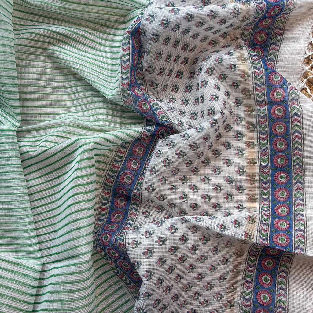 White Floral Pure Cotton Handblock Suit with Kota Dupatta