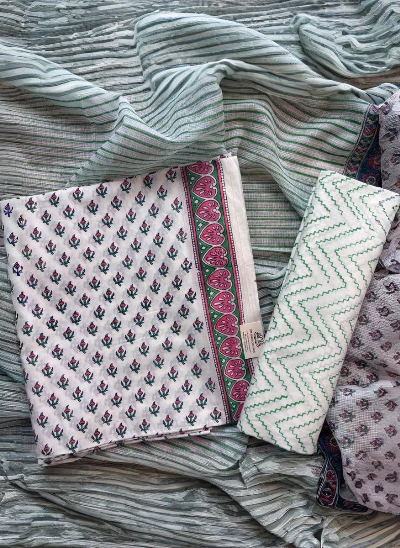 White Floral Pure Cotton Handblock Suit with Kota Dupatta