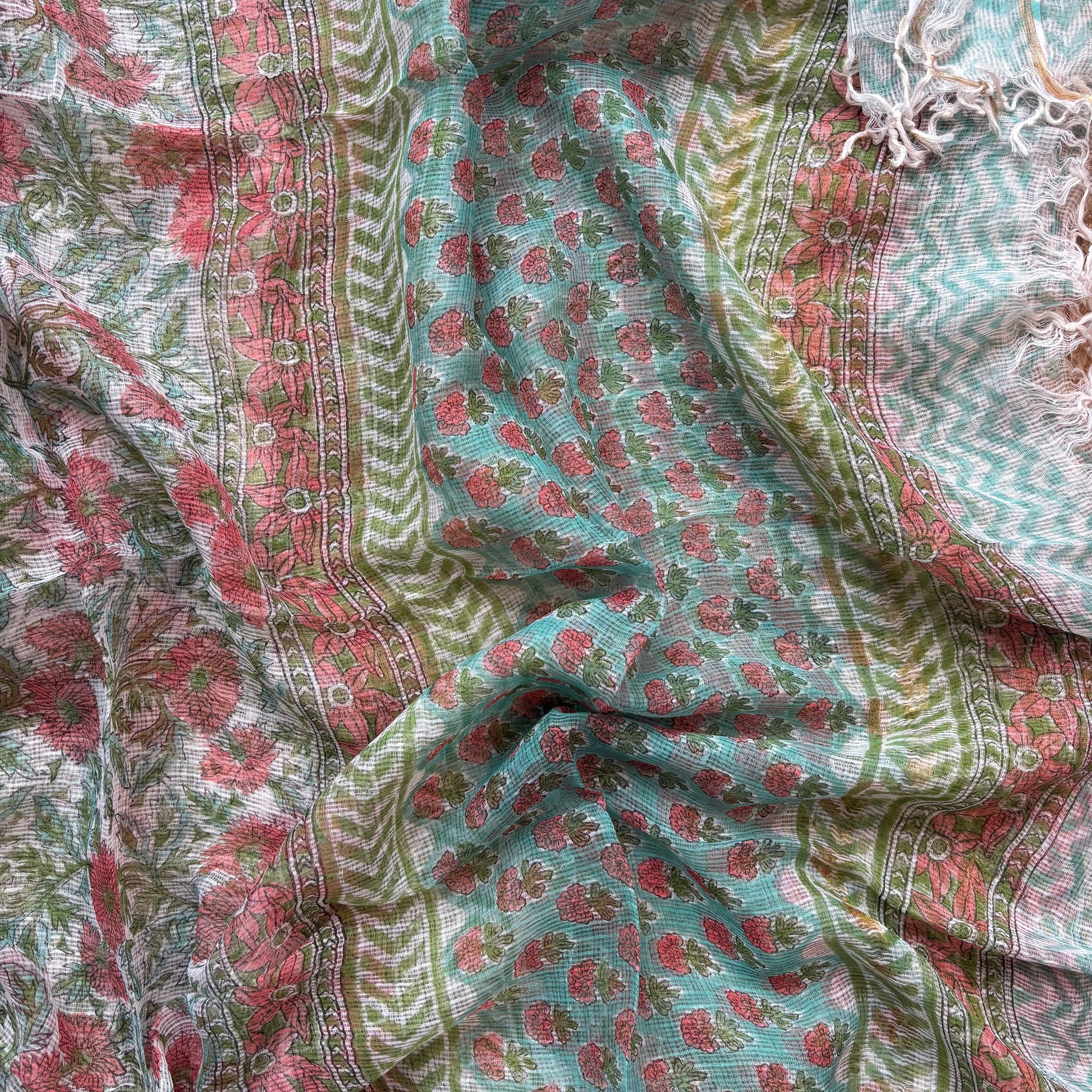 Cyan Floral Pure Cotton Handblock Suit with Kota Dupatta