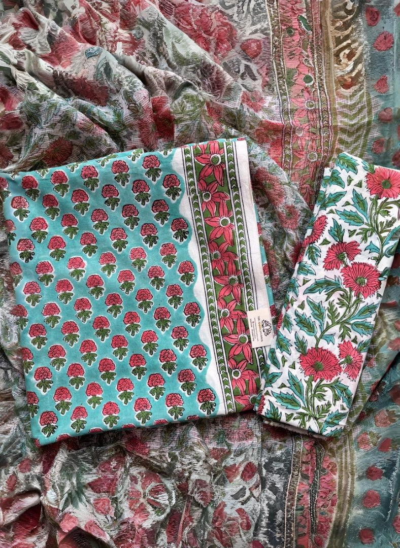 Cyan Floral Pure Cotton Handblock Suit with Kota Dupatta