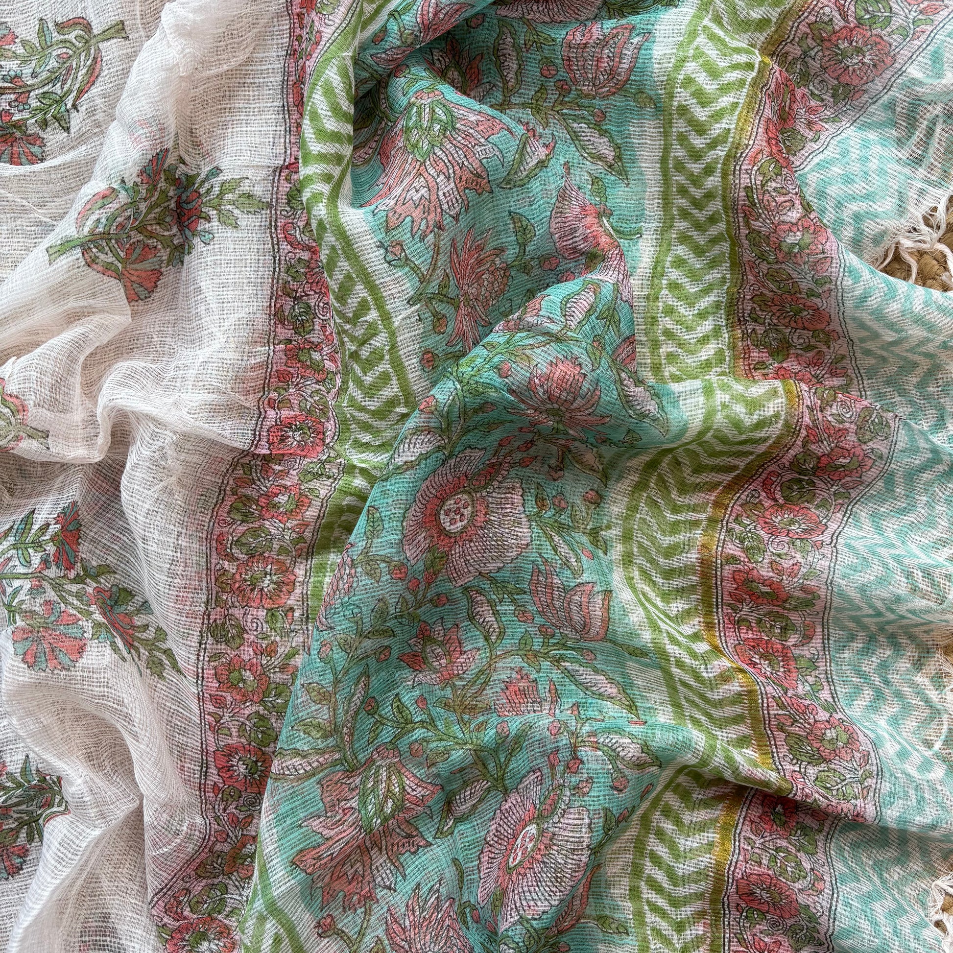 Cyan Floral Pure Cotton Handblock Suit with Kota Dupatta